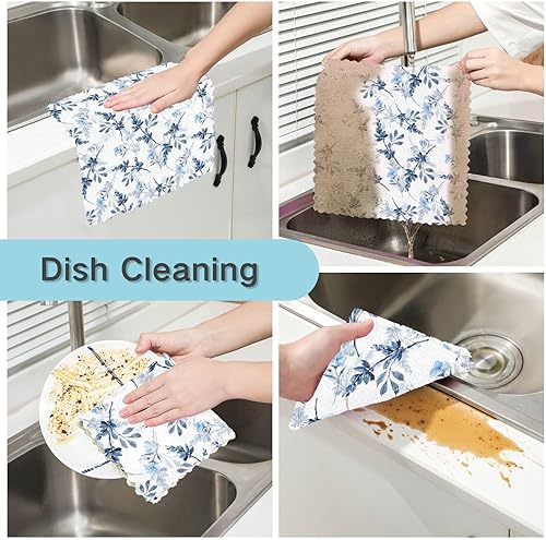 Miniatura 2 de linqin Blue Flowers 6 Pack Fast Drying Microfiber Dish Towel Print Cotton Microfiber Drying Towel Kitchen Reusable for Restaurant Coffee
