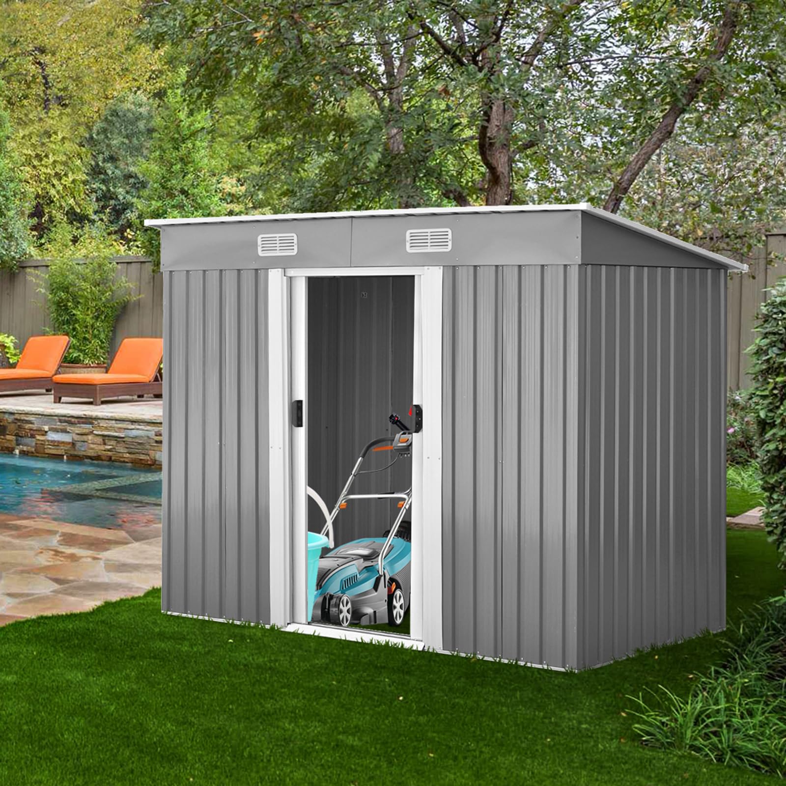 COSTWAY Casetta da Giardino Porta Attrezzi in Lamiera Acciaio Zincato, con Sfoghi, Ante Scorrevoli e Maniglie, Capanno da Esterno per Cortile, Giardino e Fattoria, 238 x 131 x 181 cm