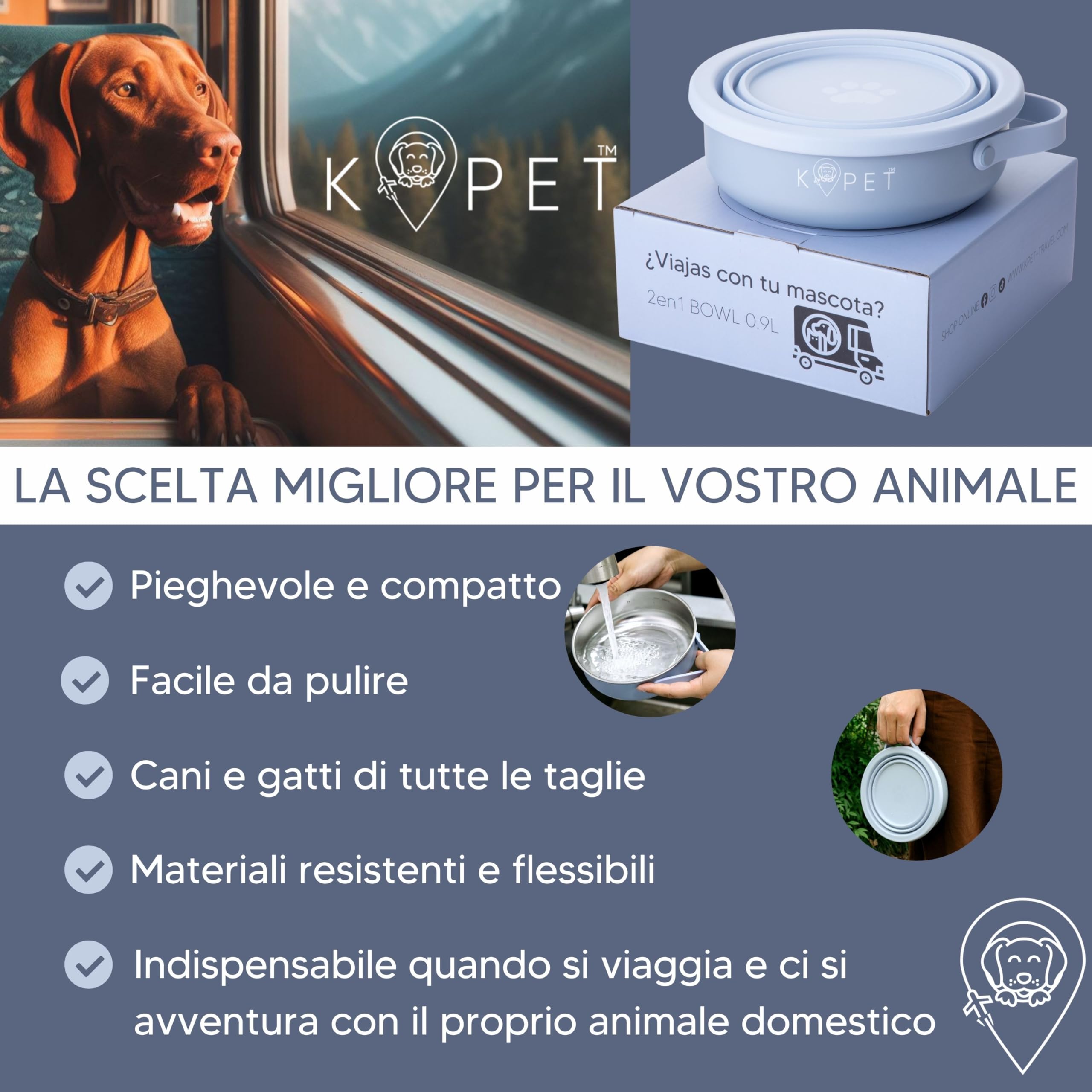 KPET Mangiatoia e abbeveratoio per cane e gatto pieghevole, 2 in 1 - Ciotola portatile in acciaio inox e ciotola pieghevole in silicone, ideale per auto, viaggi, escursionismo, con base antiscivolo e