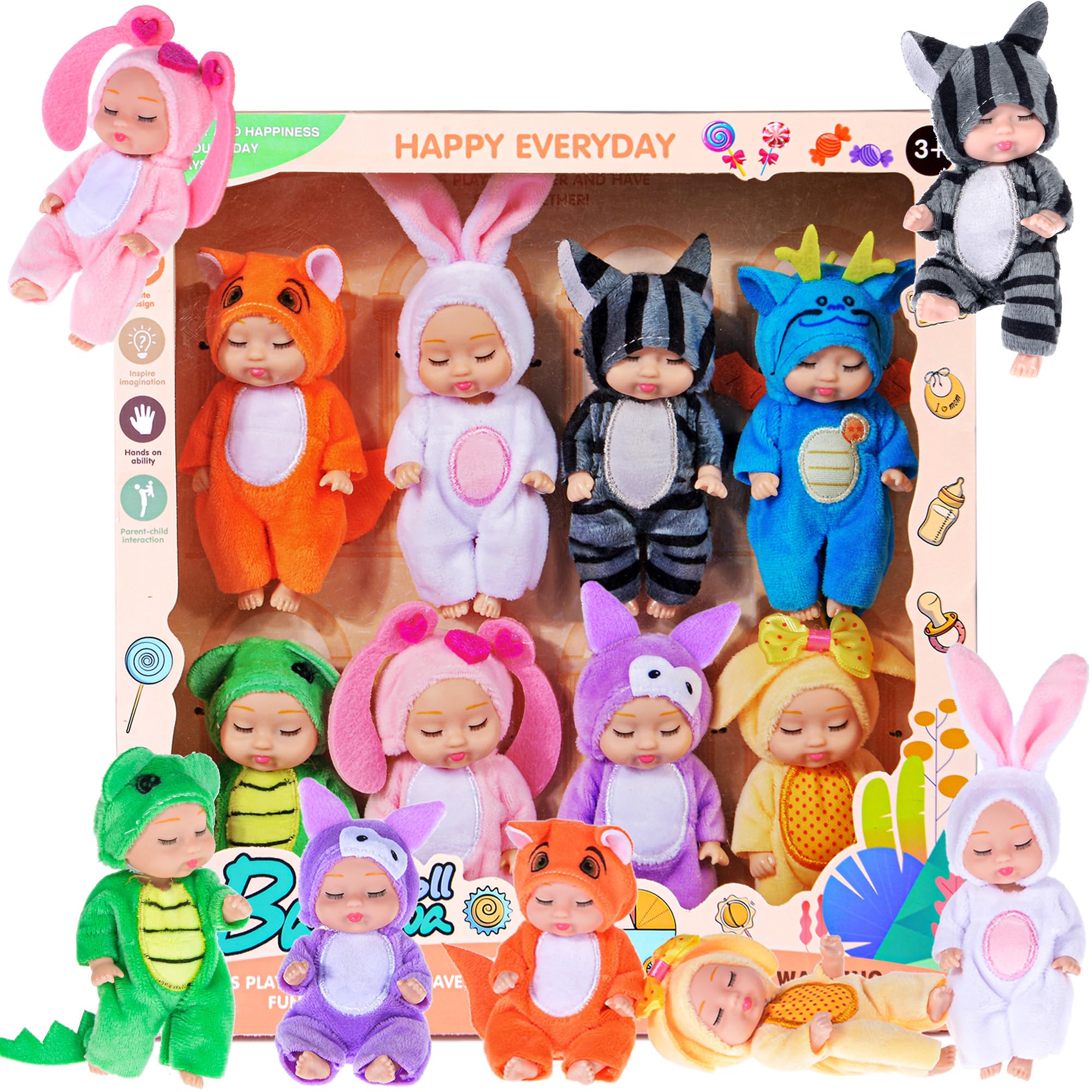Paquete de 8 mini muñecas de bebé, muñecas realistas con temática de animales de 4 pulgadas para niñas
