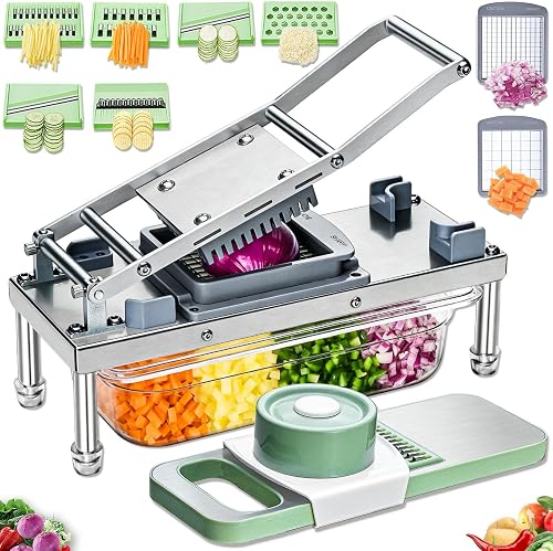 Vegetable Chopper Veggie Cutter Onion Fruit Potato Dicer with Container | Stainless Steel Construction, Fruit Potato Salad Dicer, Dishwasher Safety, Easy Cleaning, Safety Hand Guards