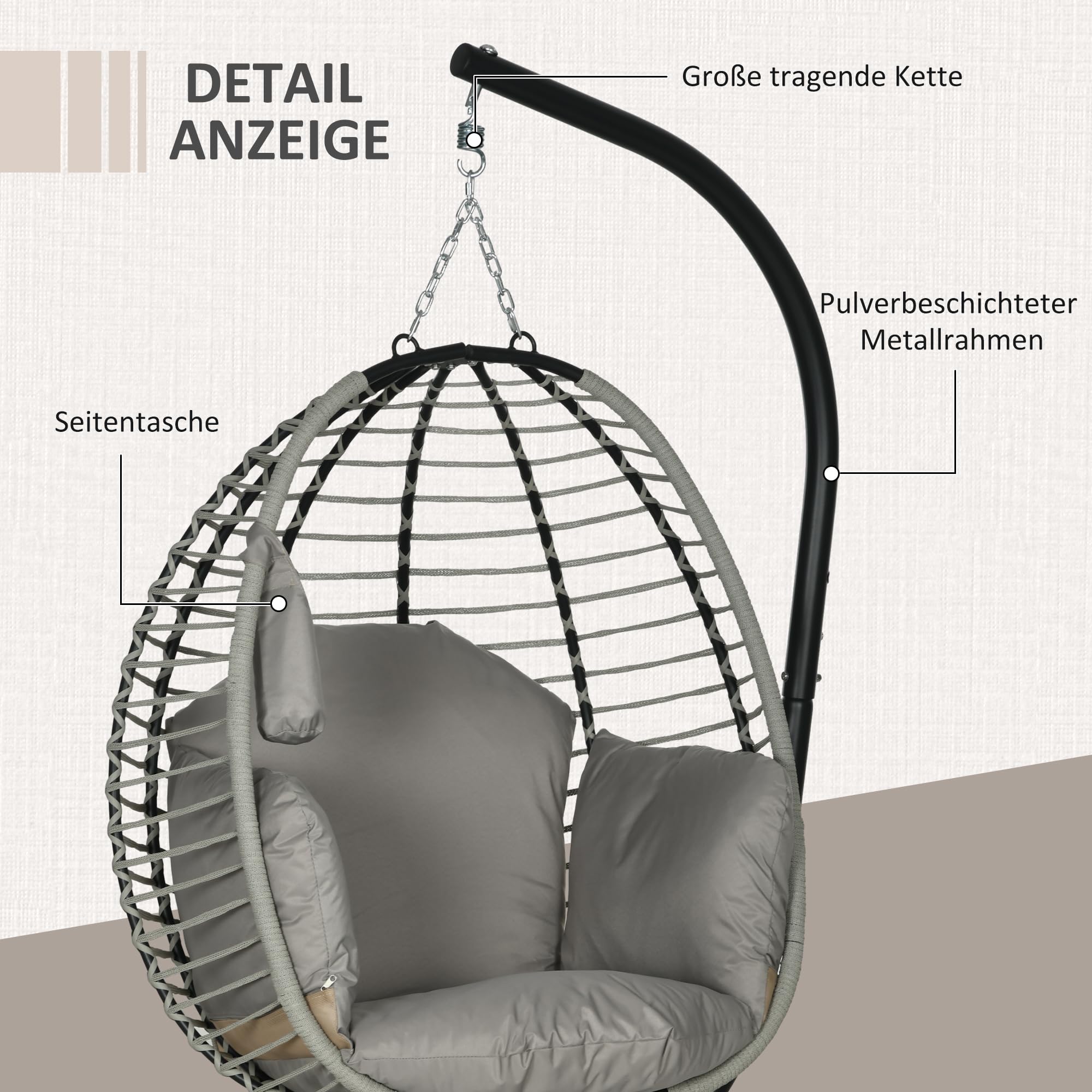 Outsunny Hängesessel mit Gestell Faltbar Waschbarer Sitz Becherhalter Grau | Eiförmiger Hängeschaukel, Sicherheitsseil, Hängematte Schaukelsessel, Indoor Outdoor, Terrasse, Garten