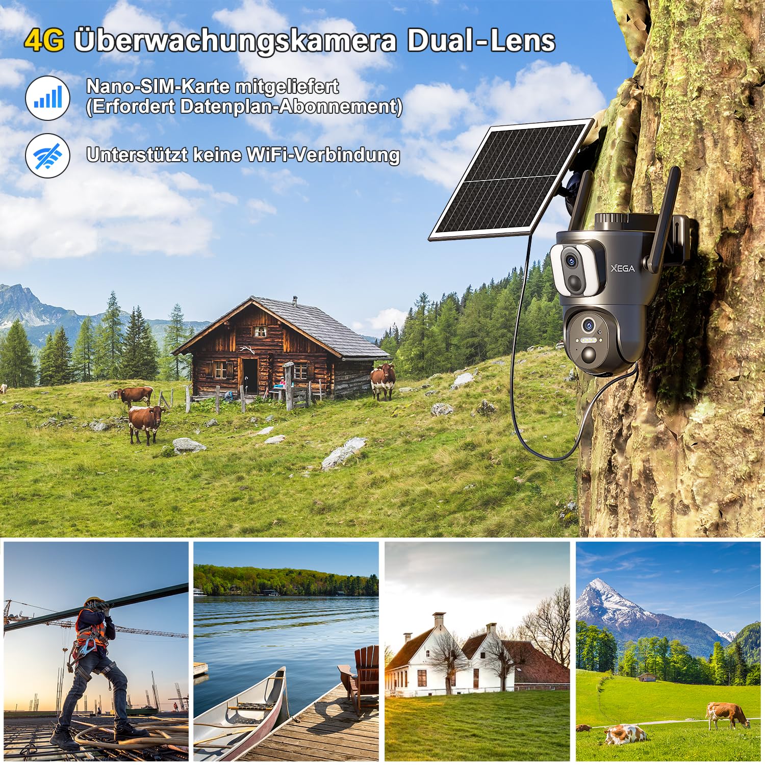 Xega Doppelte Linse 4G Solar PTZ Überwachungskamera mit SIM Karte ohne WLAN | 14400mAh Akku, 2K 3MP HD, 355°/100° PTZ, Farb/IR Nachtsicht, 2-Wege-Audio, Personenerkennung, Außen, Abonnement Erforderlich