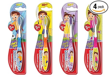 DentoShine COMFY Grip Toothbrush for Kids Ages 5 Plus (Orange, Blue, Pink, Purple, Pack of 4 designs)