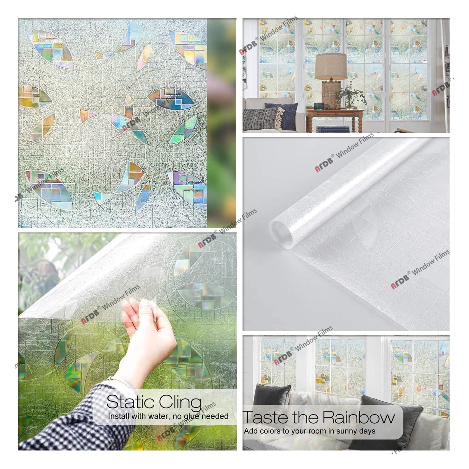 Vinilo Ventana Película de Vinilo 3D for Ventana, Aislamiento térmico, Efecto arcoíris, protección UV, decoración de Cocina, Pegatinas de Vidrio(Gold,45x500 cm)