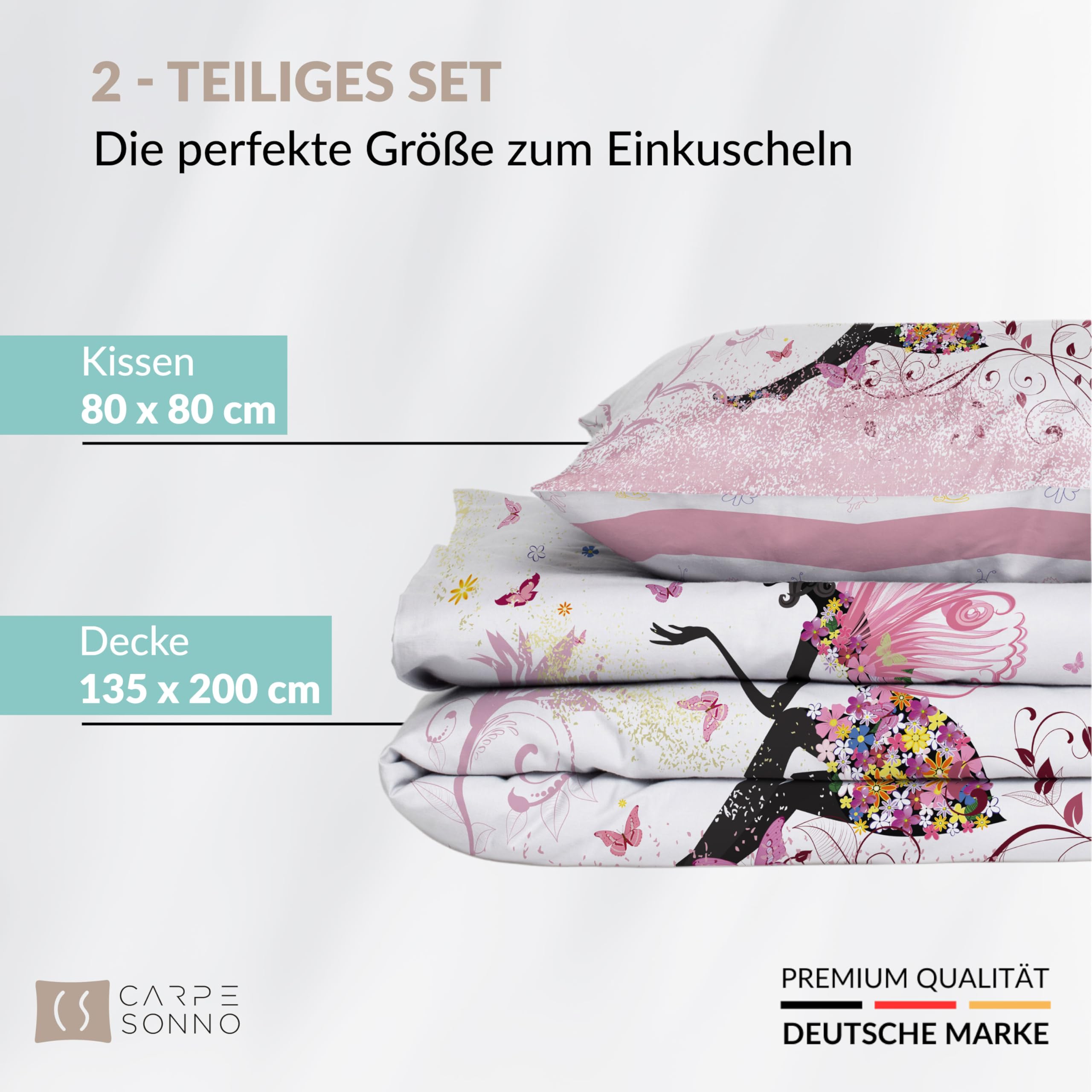 Carpe Sonno Kinder Bettwäsche 135x200 Kinder [Leuchtet im Dunkeln] Fee Motiv + 10 Spiele | 100% Baumwolle + Oeko-Tex 100 | Kinderbettwäsche Glow in The Dark | Schmetterling Bettwäsche Mädchen 135x200