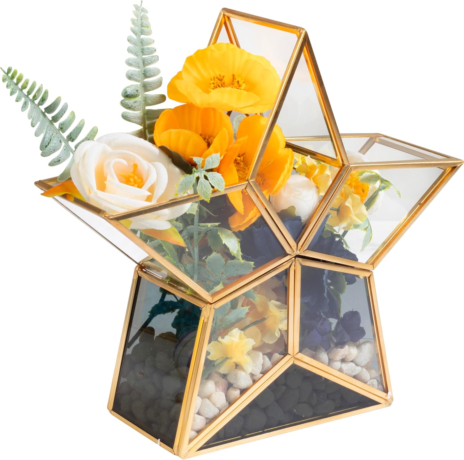 Gold Star Glass Centerpiece Display (3x8x8) - Tabletop Planter Terrarium - Spring Easter Home & Wedding Decor - Fill w Succulents, Moss, Colorful Eggs, Bunny Rabbits, Grass- Gift for Plant Lovers