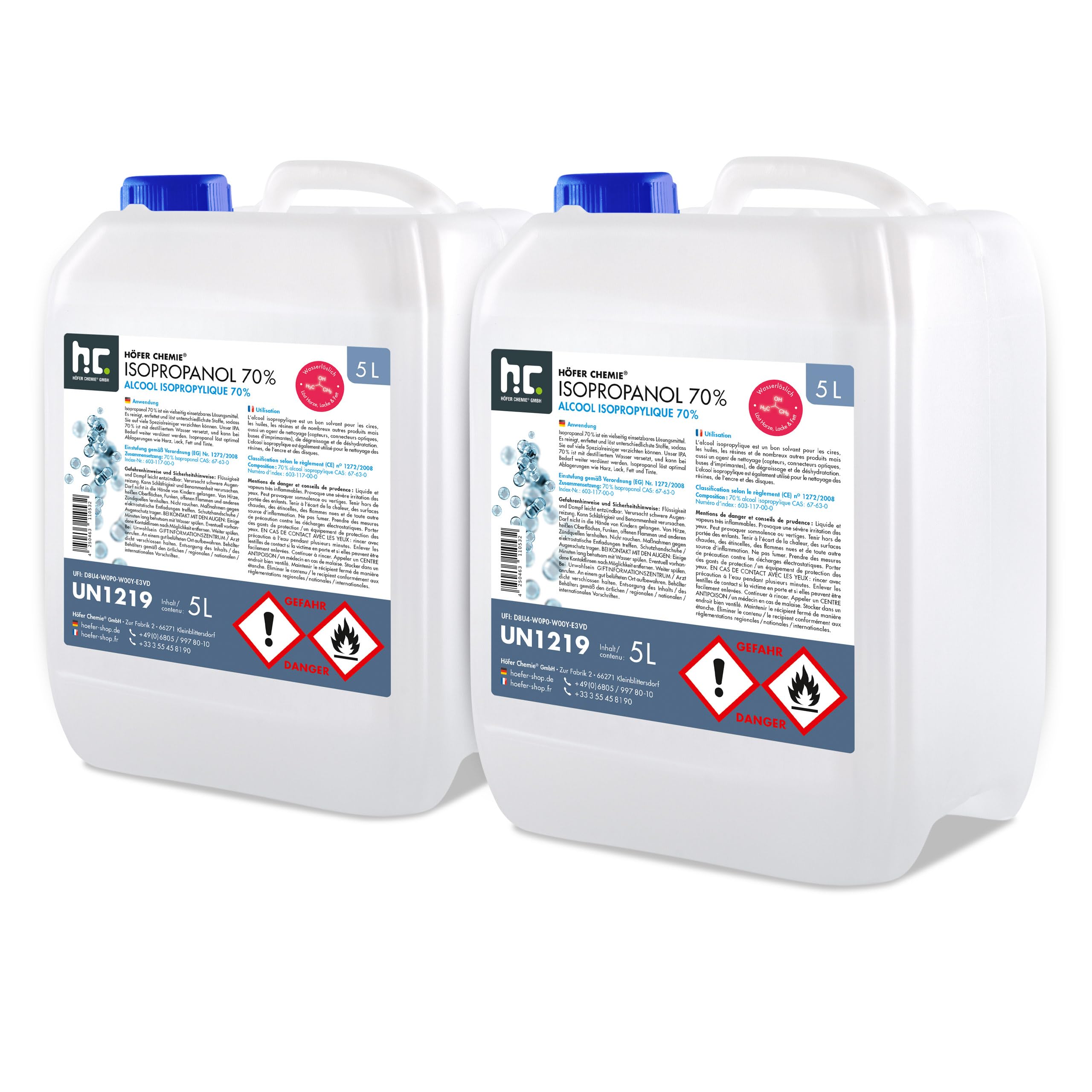 Höfer Chemie 2 x 5L Isopropanol 70% – Isopropylalkohol zum Reinigen und Entfetten von Glas, Displays, Brillen, Schallplatten und Whiteboards – IPA 70 Industriealkohol im praktischen Kanister