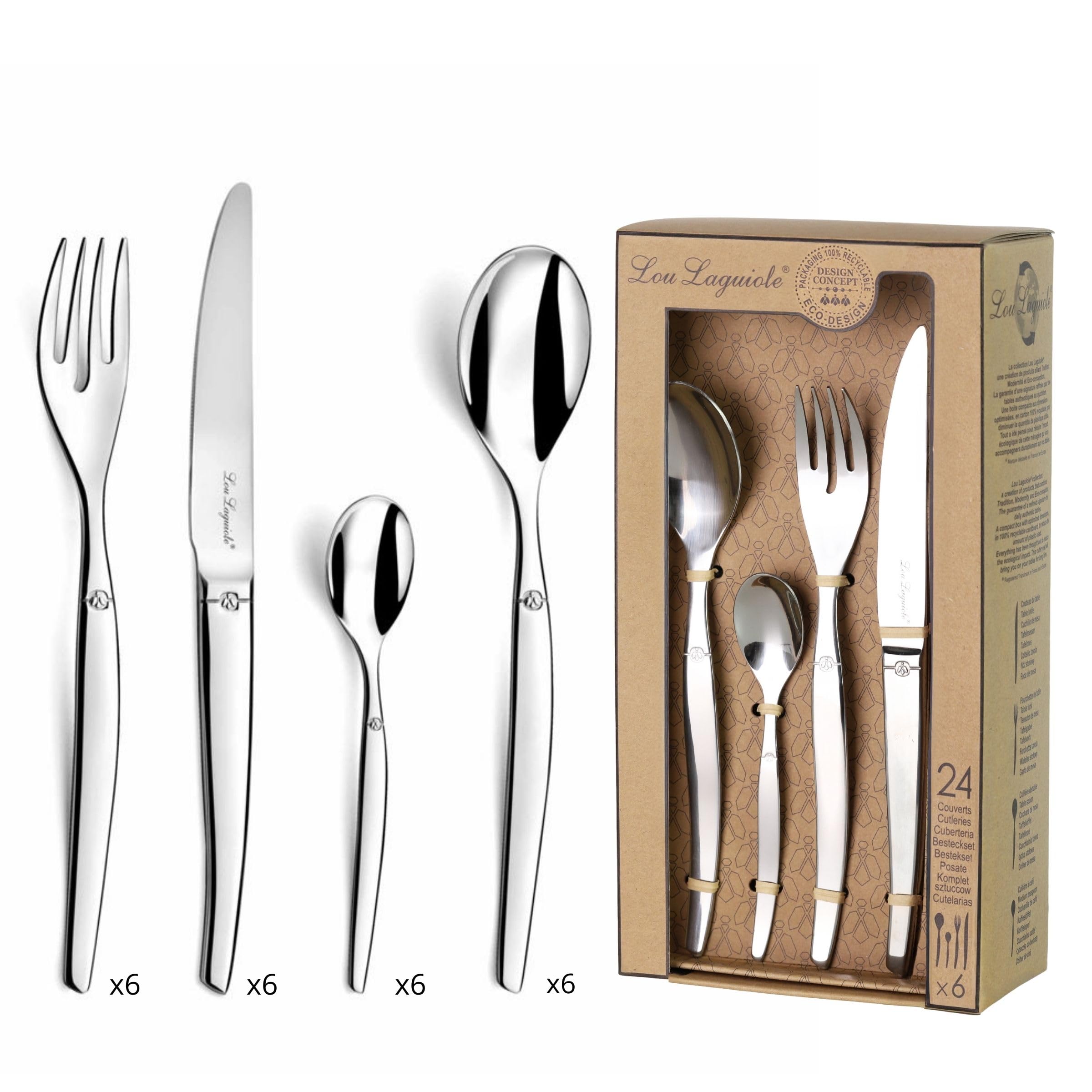 Lou Laguiole Besteckset JET, Tafelbesteck, Besteck Set 6 Personen, Edelstahl poliert, spülmaschinenfest, 24-teilig