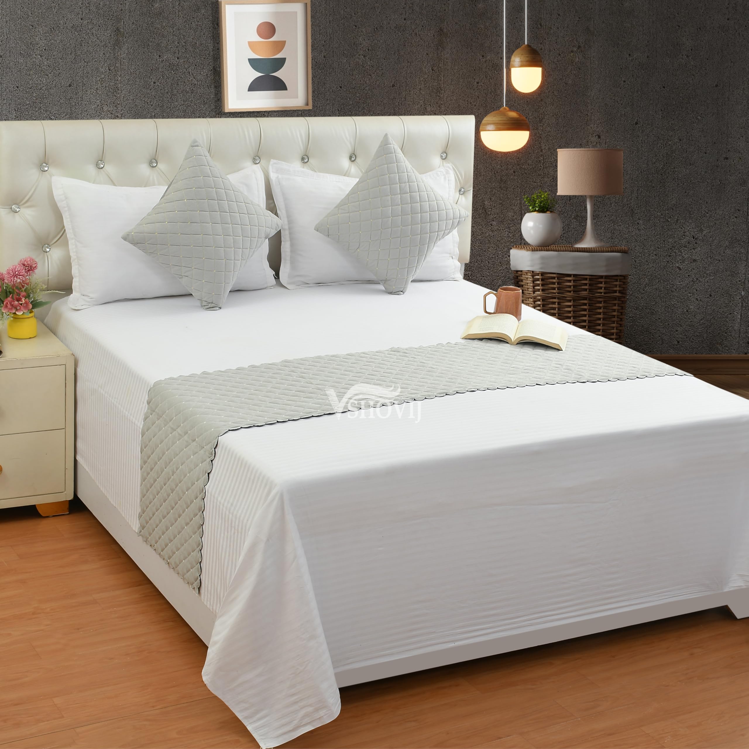Quilted Bed Runner with 2 Cushion Covers with Diamond Pattern, for Double Bed, 90x18 Inch Runner and 16x16 Inch Cushion Covers, Elegant Bedroom Decor - Light Grey-picture-18