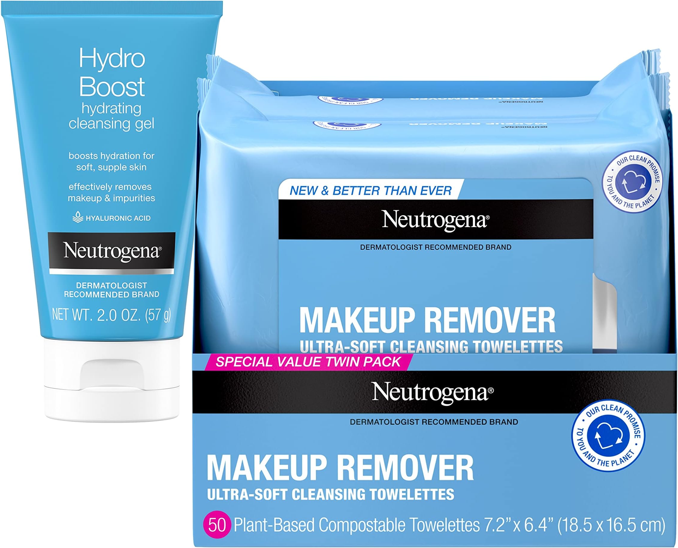 Neutrogena Makeup Remover Facial Cleansing Wipes, Value Twin Pack, 2 X 25Ct, & Hydro Boost Lightweight Hydrating Facial Cleansing Gel With Hyaluronic Acid, 2 Oz, Travel Pack