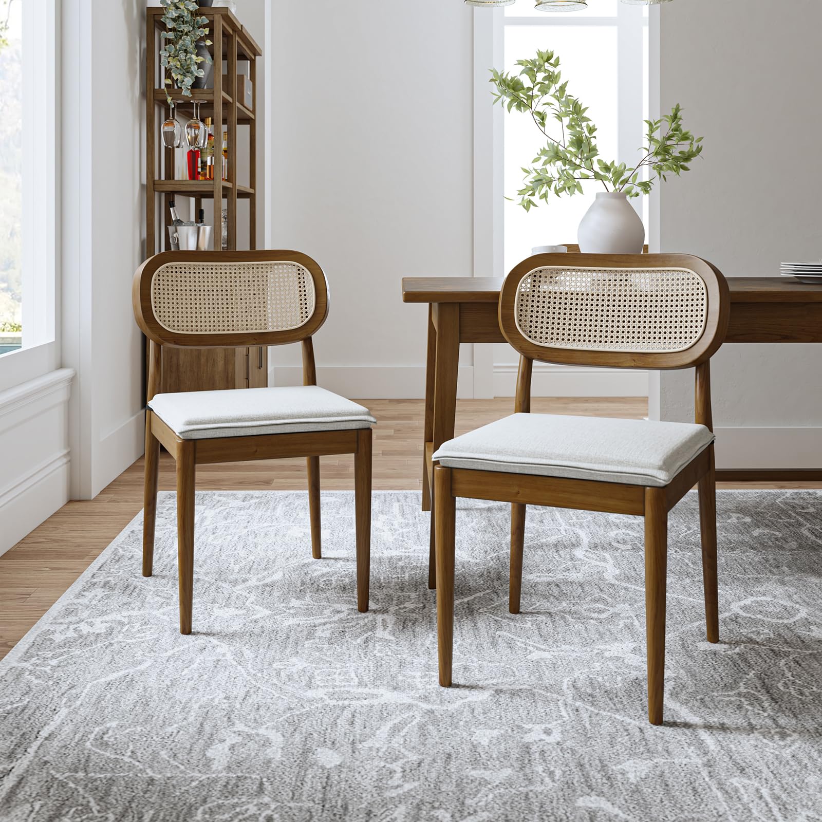 HULALA HOME Mid-Century Modern Rubberwood Dining Chair with Woven Rattan Back and Removable Cushion(Set of 2, Acorn)