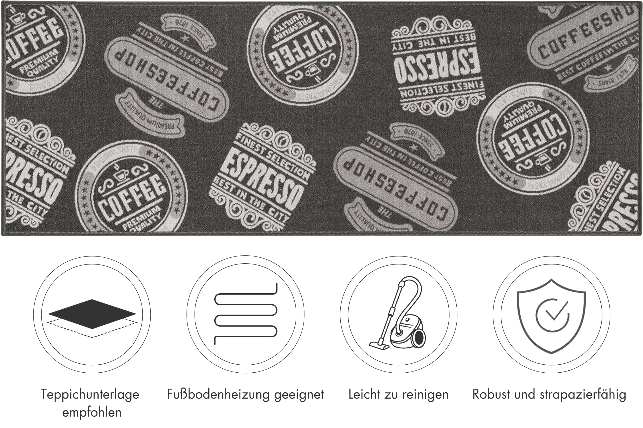andiamo Küchenläufer Coffeeshop Kurzflor Läufer aus Polyamid Küchenteppich - Teppich Küche 67 x 250 cm anthrazit