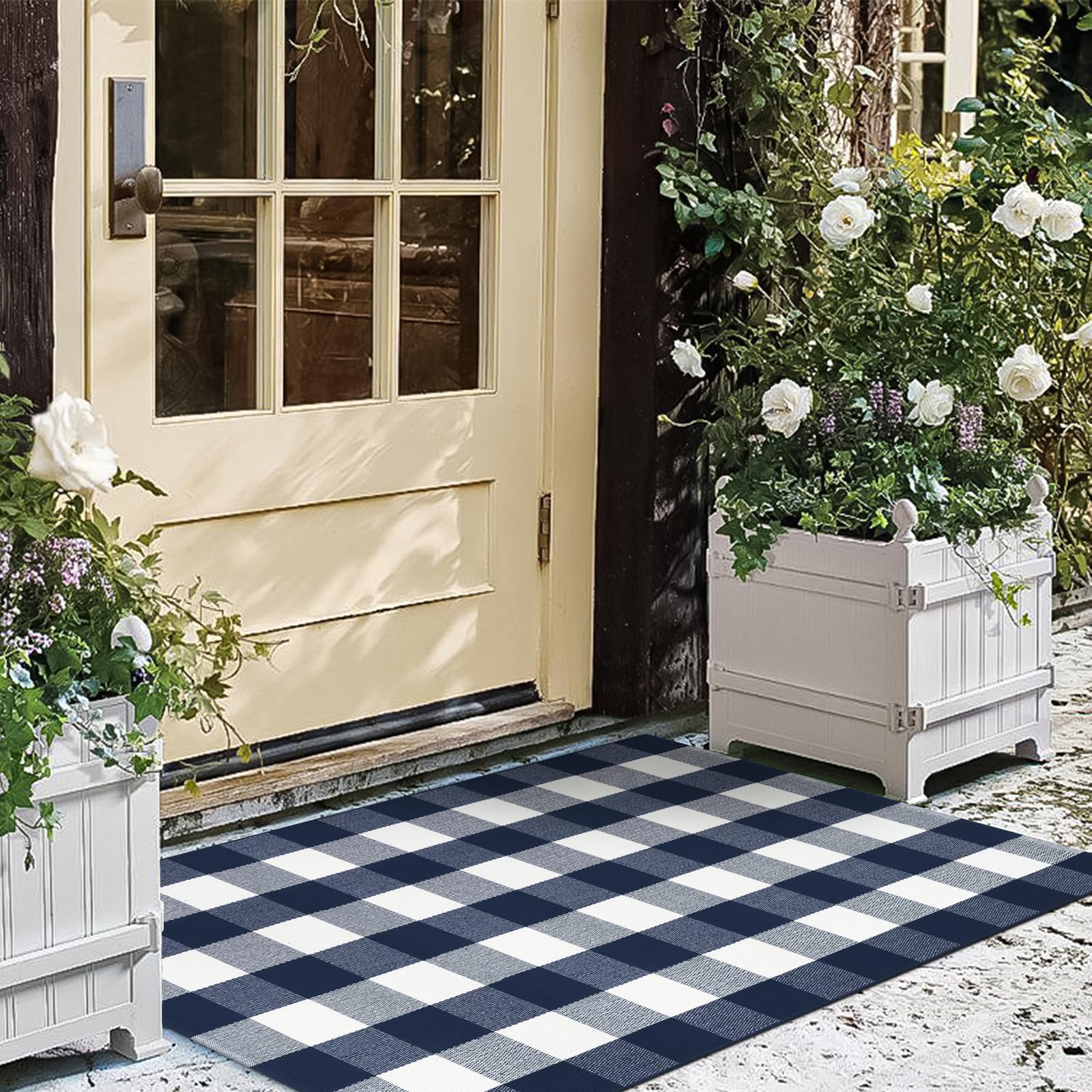 LEEVAN Buffalo Plaid Outdoor Rug, 3x5 Blue and White Checkered Door Mat, Cotton Woven Washable Welcome Mat for Kitchen, Farmhouse Entryway Carpet( similar)