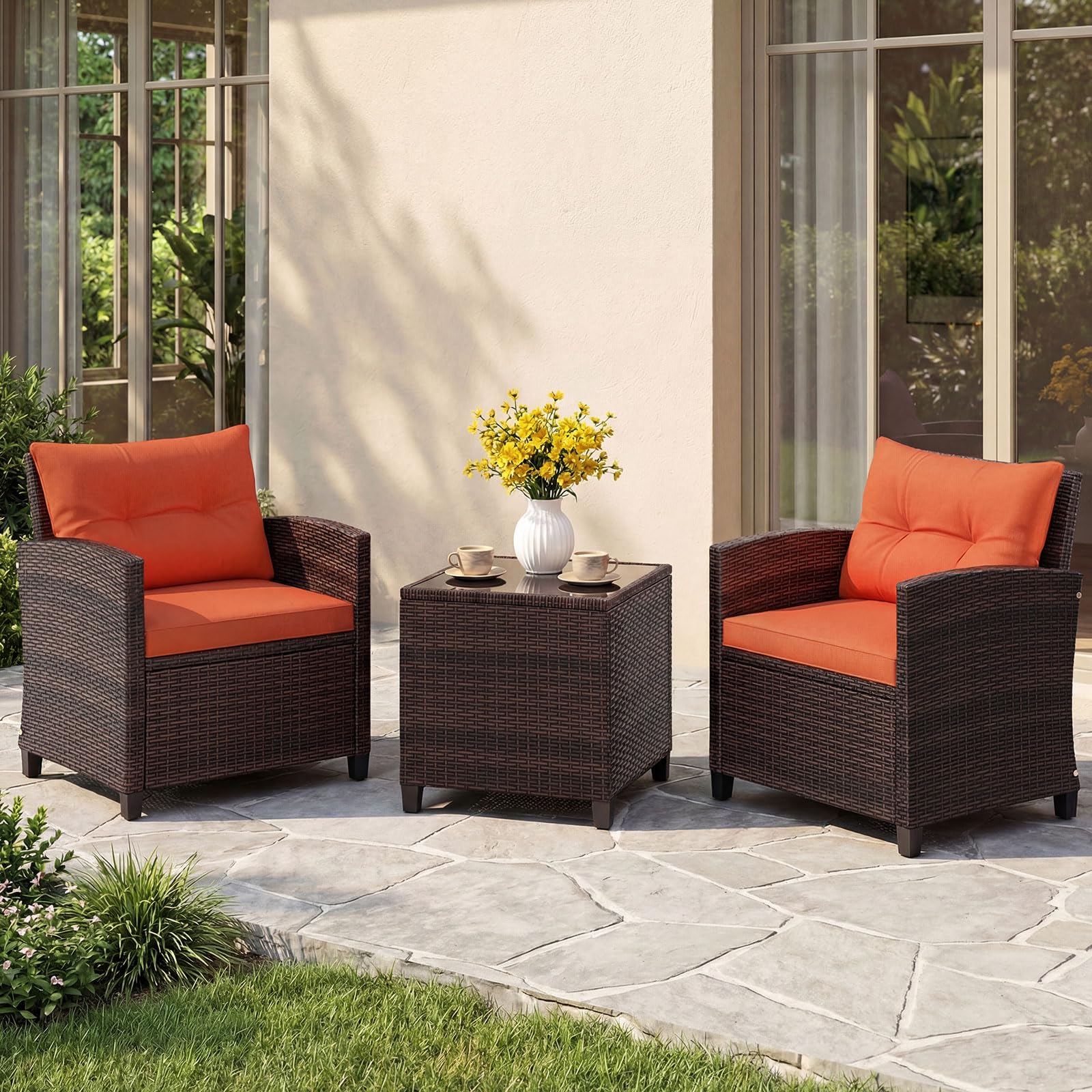 COSTWAY Rattan Gartenmöbel Set, 3-TLG. Balkonmöbel inkl. 2 Sessel, Kissen & Tisch mit gehärteter Glasplatte, Balkon Möbel klein, Wetterfeste Sitzgruppe 2 Personen (Orange)