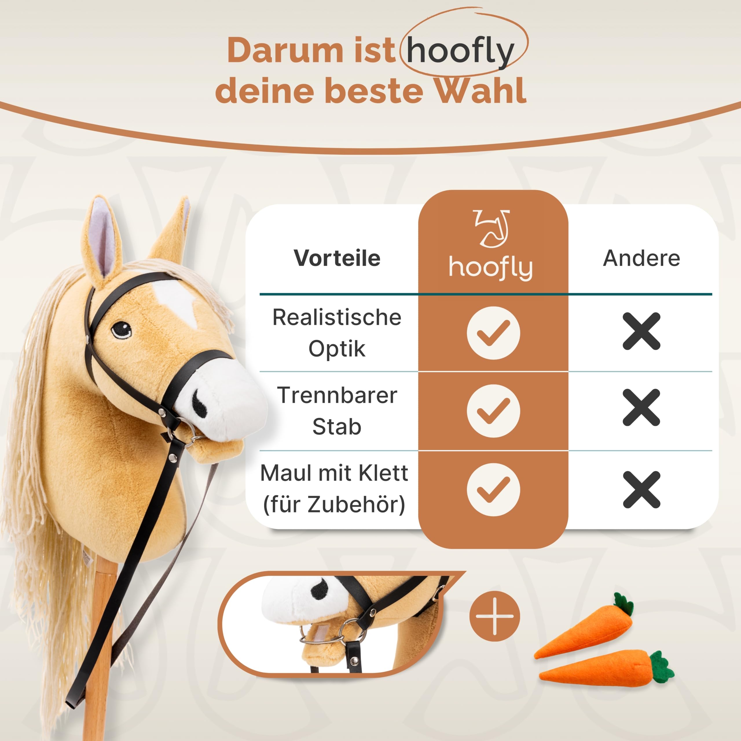 Hobby Horse Pferde – Großes Steckenpferd für Kinder A3 mit Trense & 40 cm Schraubstab | Realistisches & weiches Stockpferd Beige (Haflinger) | Hobby Horsing Pferd in 4 liebevollen Farben