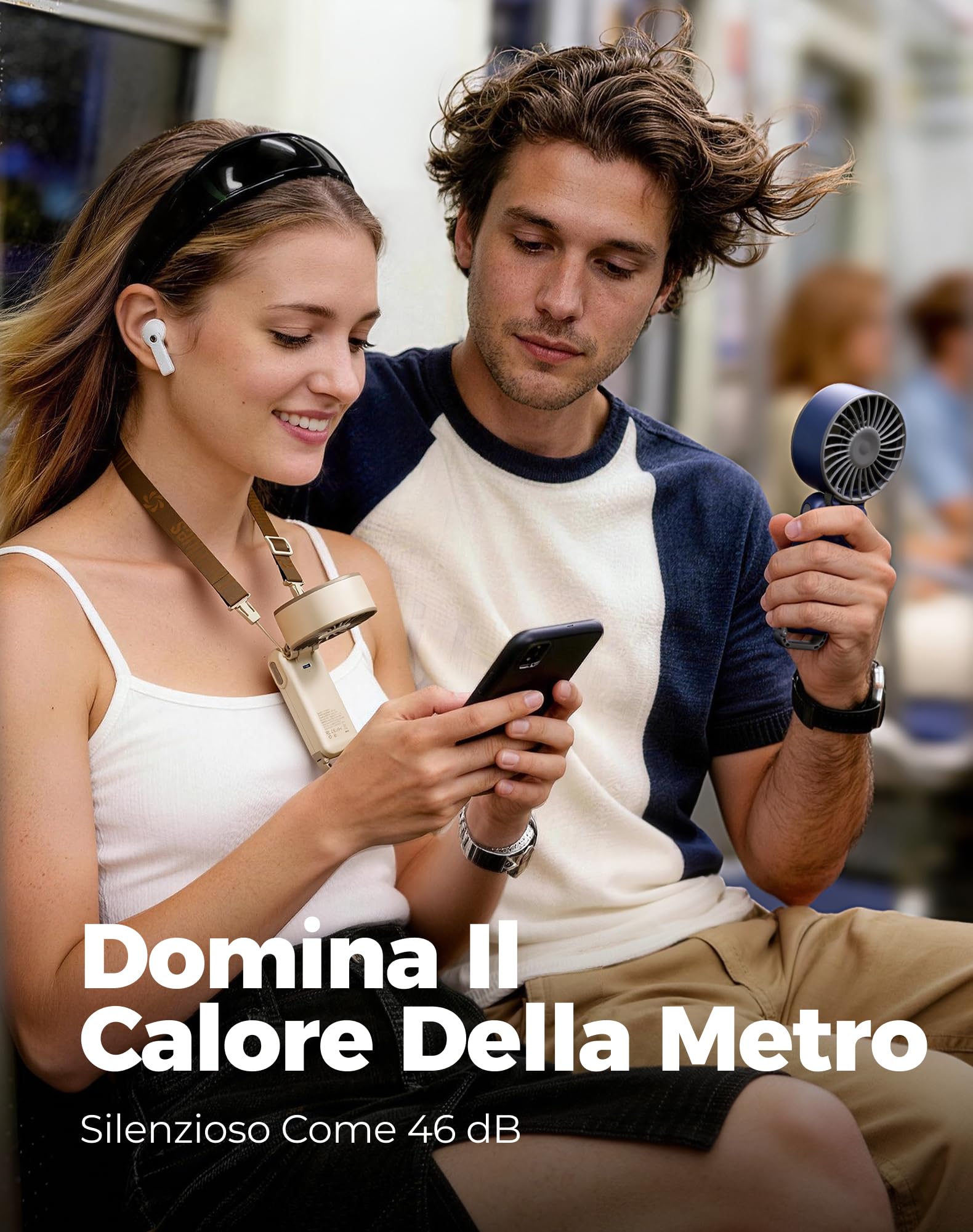 Diveblues Mini Ventilatore Portatile a Mano, Ventilatore Turbo USB Ricaricabile Pieghevole, 100 Velocità, Fino a 12 Ore di Autonomia, Ventilatore 4-in-1 da Tavolo e da Collo per Viaggi e Outdoor