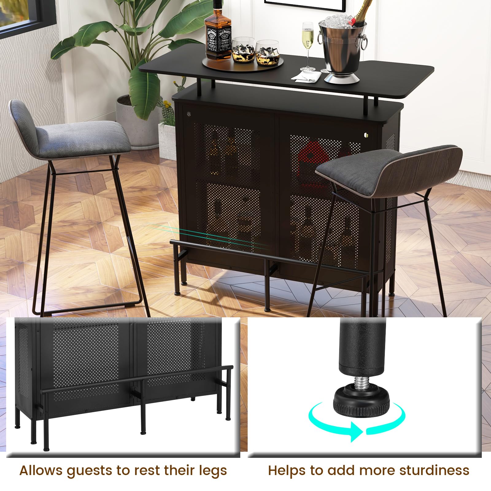 KOMFOTTEU Tavolo da bar con 1 ripiano rialzato e 6 portabicchieri, tavolo da vino a 4 livelli, tavolo da cucina con poggiapiedi in stile industriale, nero, 120 x 50 x 106,5 cm