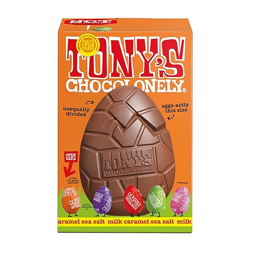 Tony's Chocolonely Large Easter Egg - Milk Chocolate Caramel Sea Salt with 5 Smaller Solid Chocolate Eggs - Fairtrade Easter Gifts (242g)