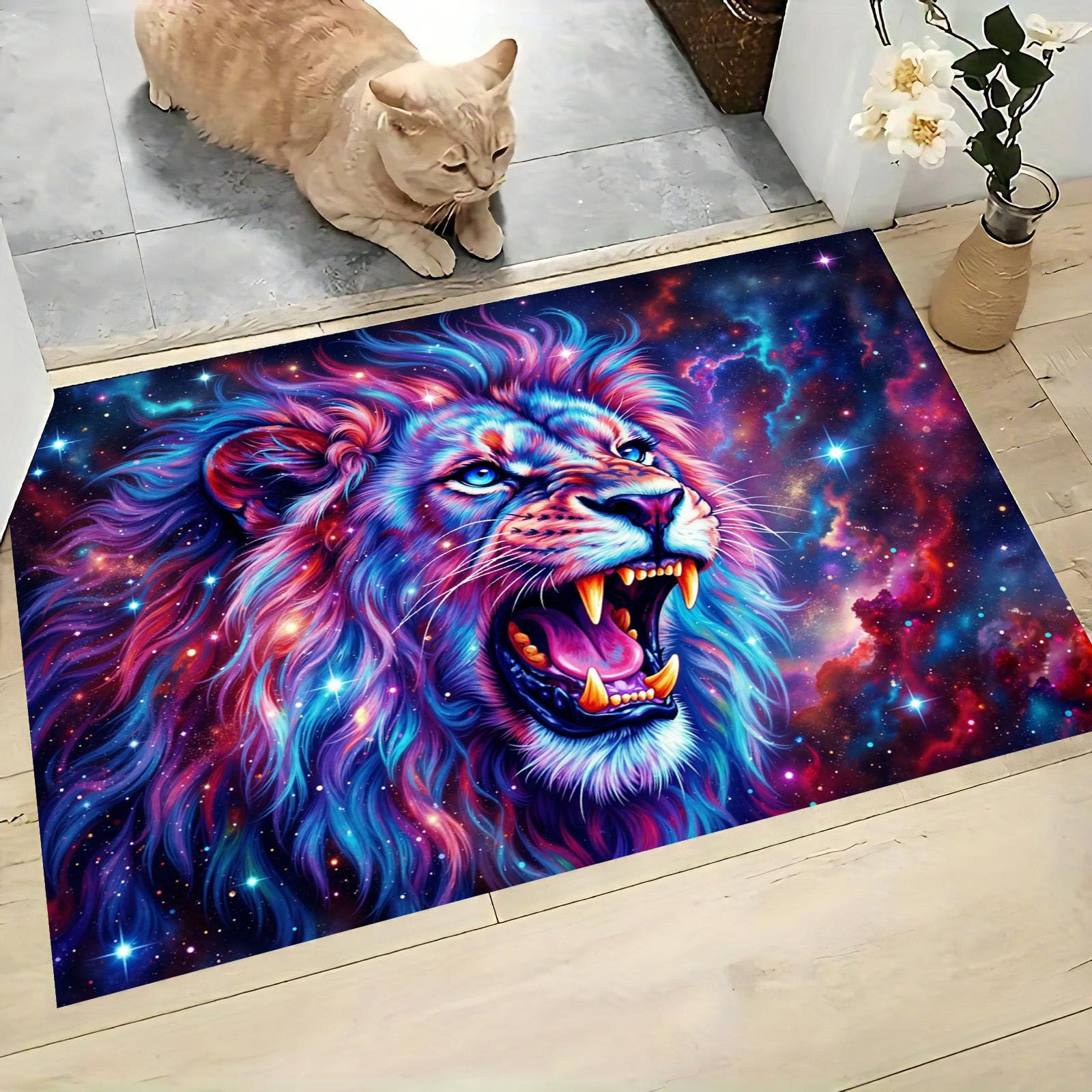 Tapis de sol lavable pour entrée propre au motif lion galaxie