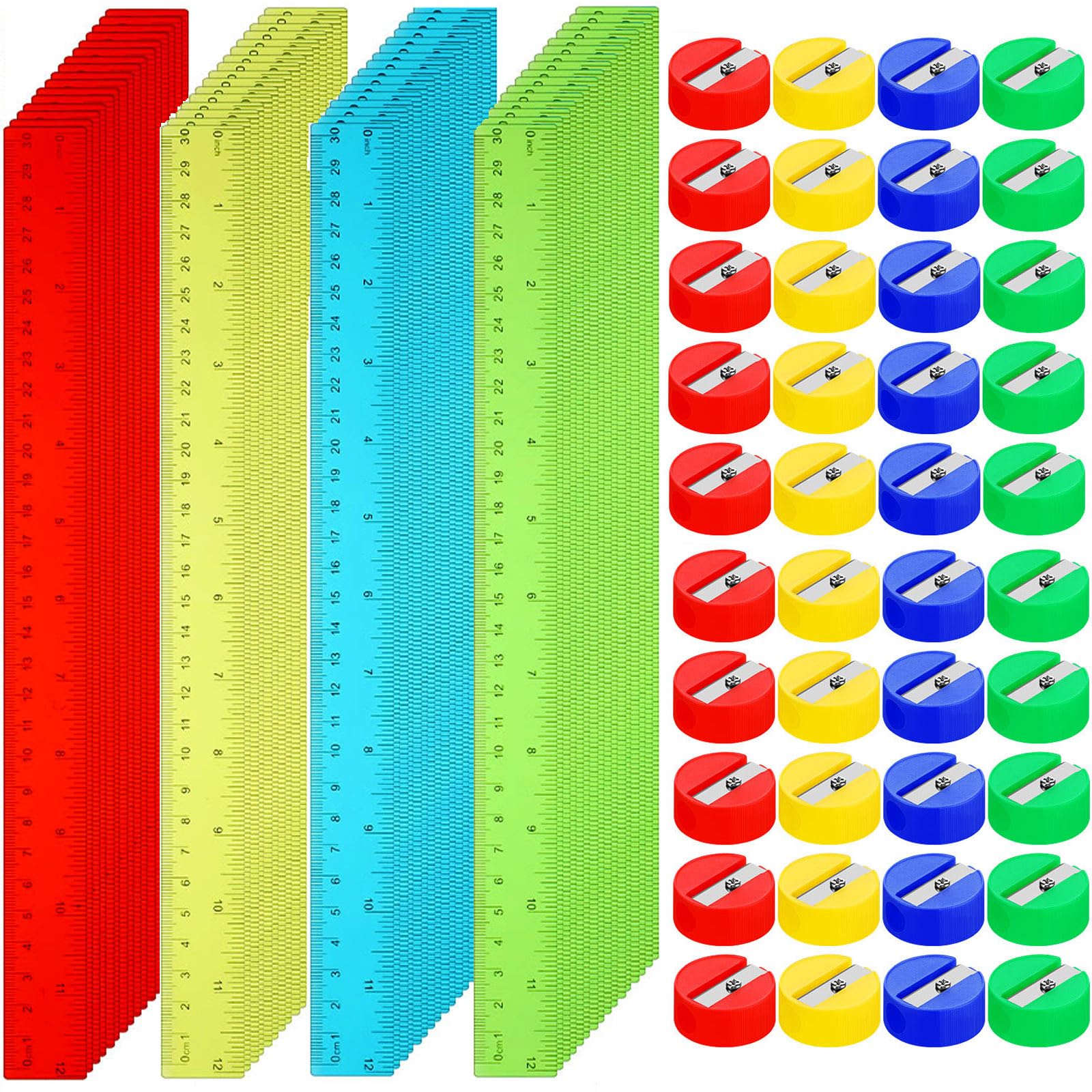 Mifoci 400 righelli in plastica da 30,5 cm e 400 mini temperamatite manuali rotondi colorati, per bambini, ragazzi, ragazze, aule, ufficio, rientro a scuola, colori assortiti (stili classici)