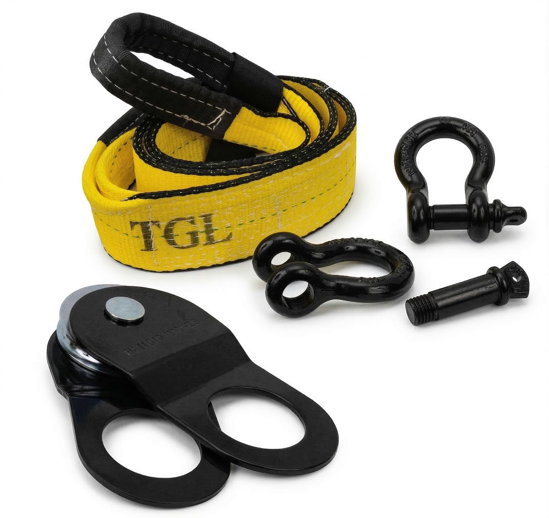 TGL 3 inch, 8 Foot Tree Saver, Tow Strap with 2-Pack D Ring Shackles and 10 Ton Snatch Block