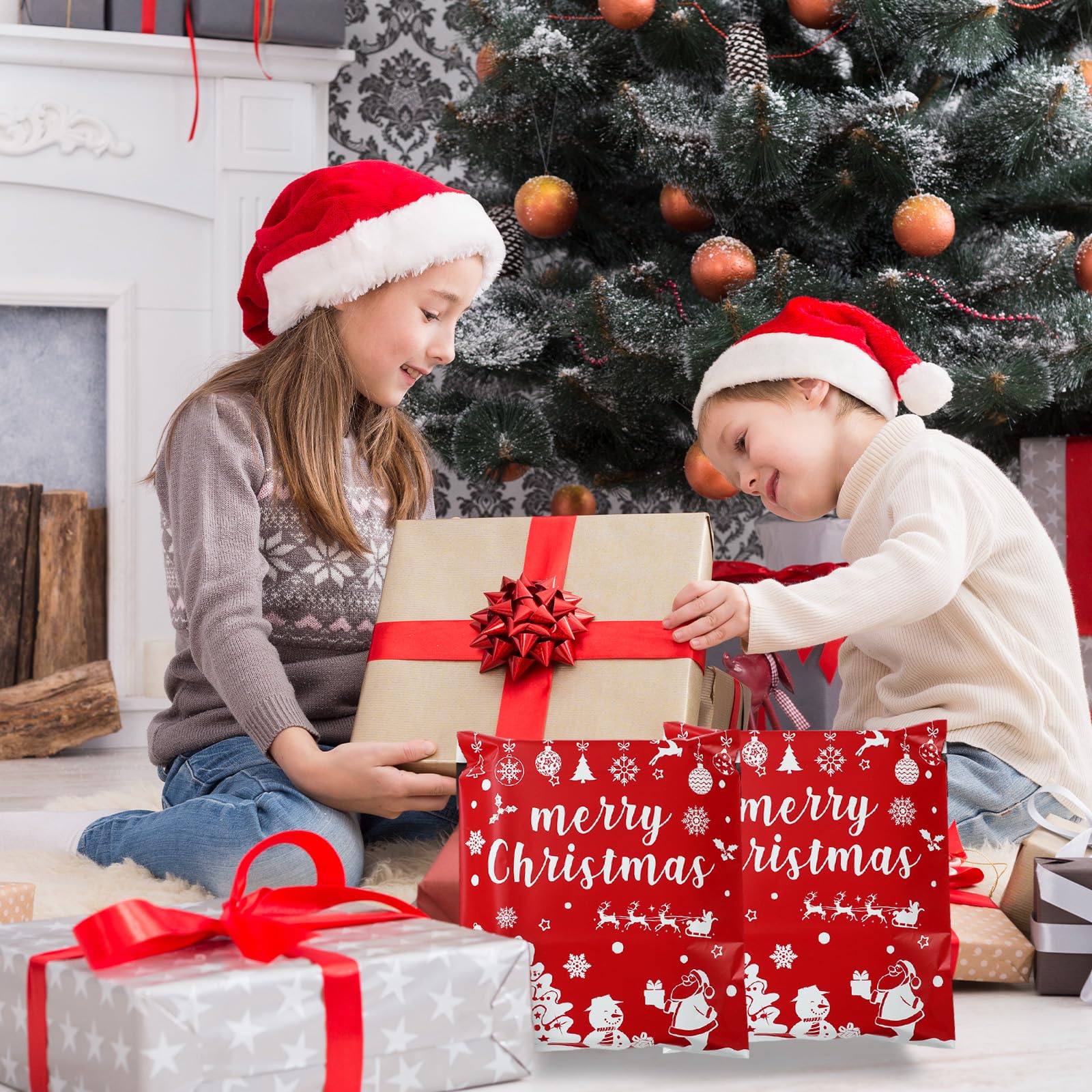 Whaline 100-Pack Christmas Poly Mailers 10x13 Inches - Santa Snowman Xmas Tree Self-Sealing Shipping Envelopes For Small Business