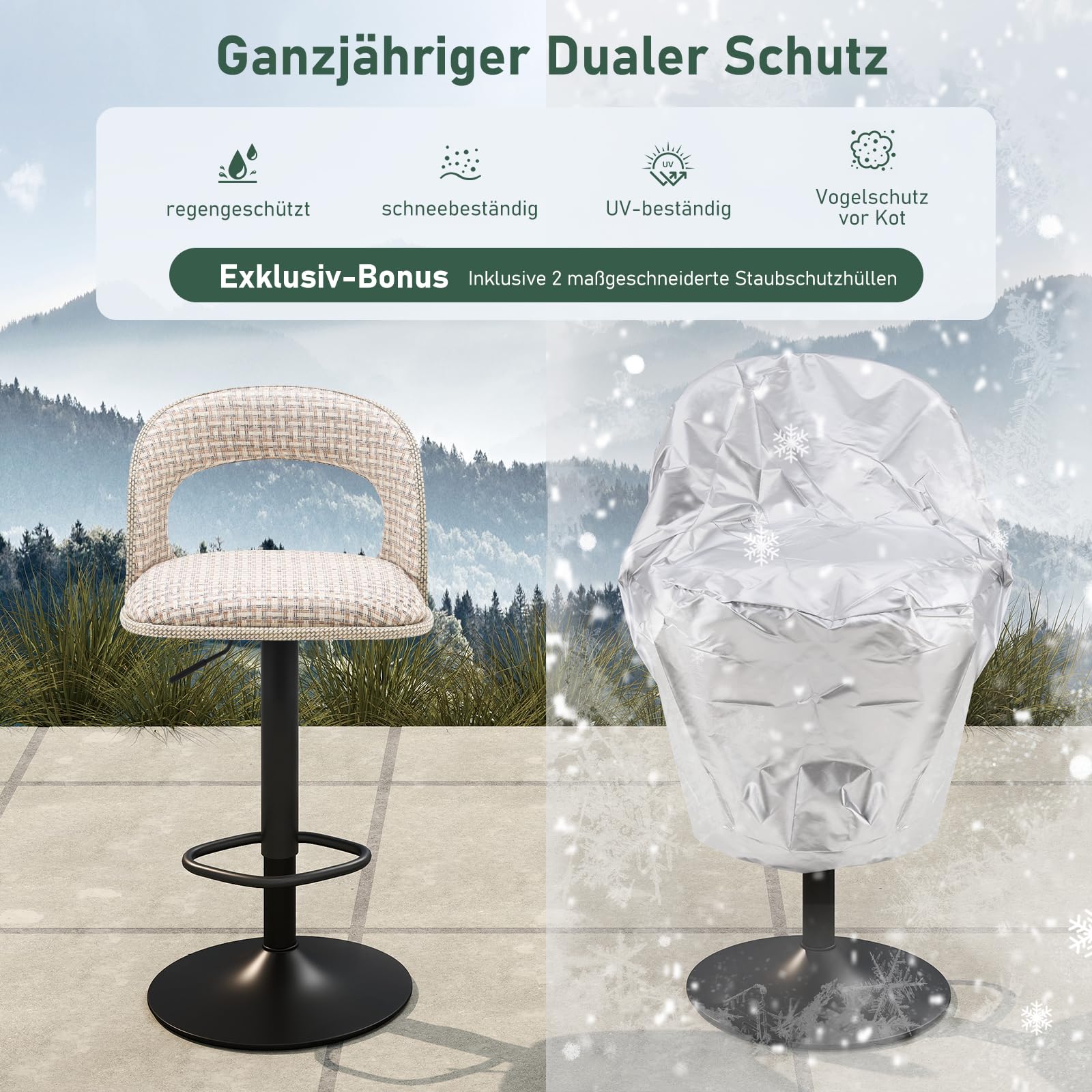 2er-Set Barhocker für den Außenbereich mit Schutzhüllen wasserdicht, höhenverstellbar, mit hohler Rückenlehne, drehbar, für Garten und Terrasse, wetterfester Textilene-Stoff, Leinen-Karomuster