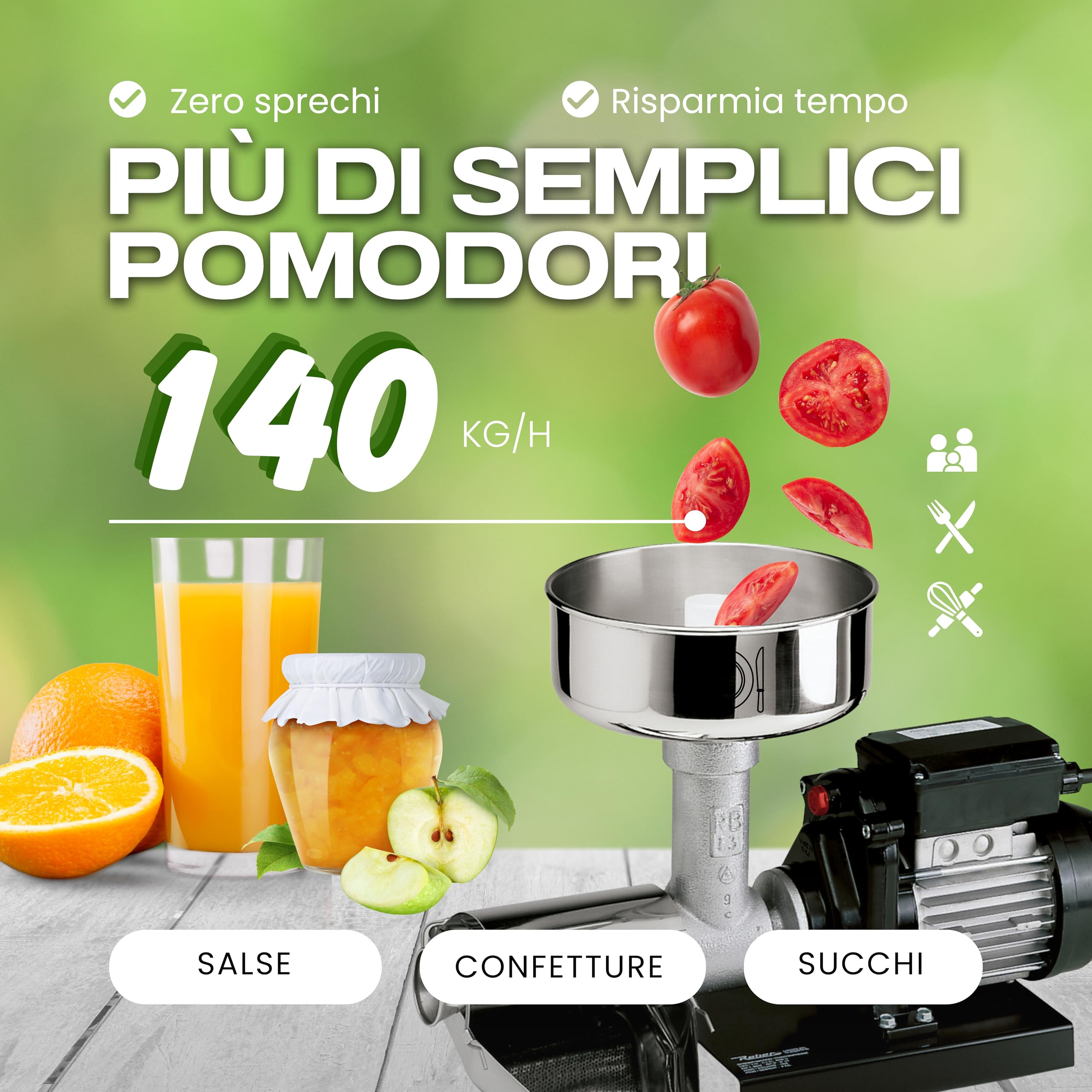 Reber Spremipomodoro Elettrico N.3 450W per Salsa di Pomodoro, Conserve, Marmellate e Succhi di frutta – Produzione fino a 140 Kg/h – Accessori in Acciaio Inox – Motore a Induzione per Uso Continuo