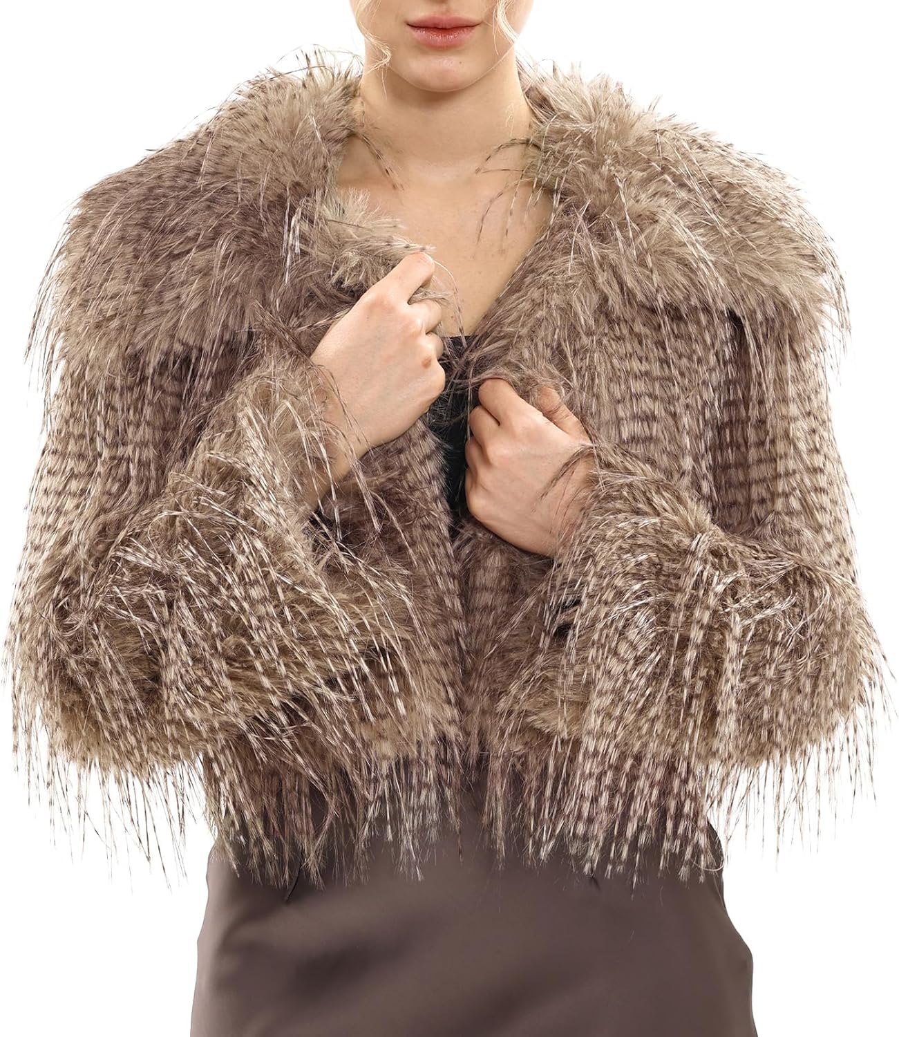 Amazhiyu Women's Long Faux Fur Coat Open Front Winter Cropped Cardigan Jackets - Image 2