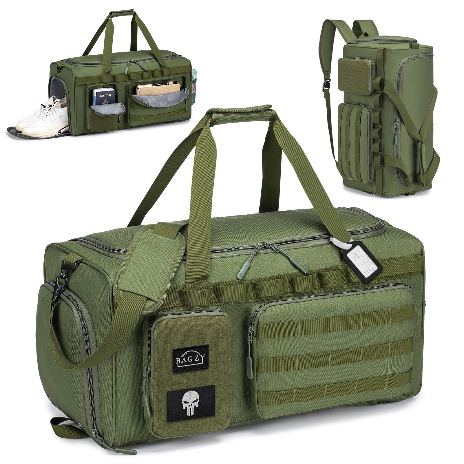 BAGZY Tactical Gym Sports Bag for Men 55L, Travel Duffle Bag with Shoes Compartment and Wet Compartment Oxford Weekend Travel Bag Overnight Bag with Adjustable Shoulder Strap, Green