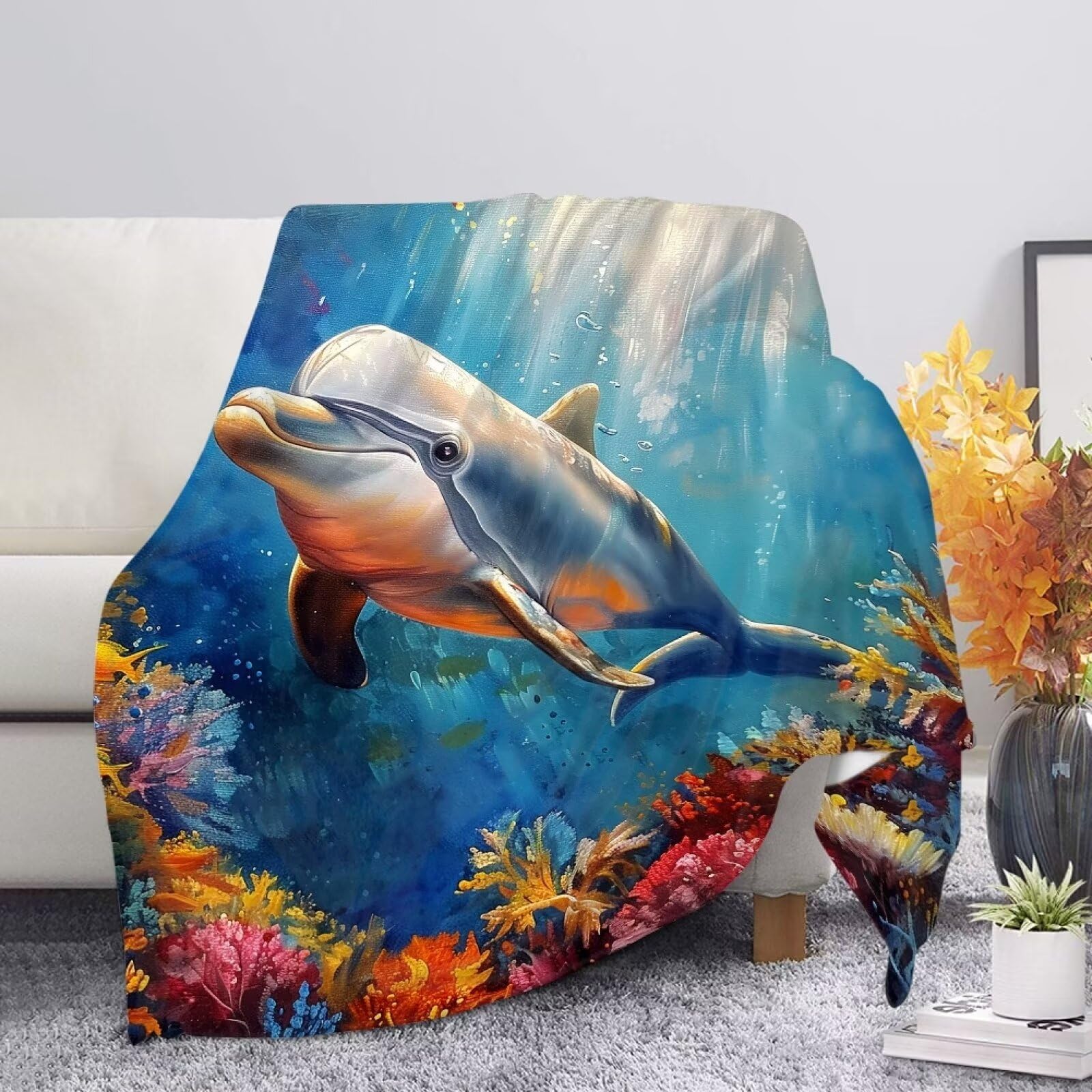 Allcute Fuzzy Blue Graphic Print Couch Blanket for Bed Living Room Cozy Soft Sofa Throws Dolphin Throw Blanket for Fall Winter