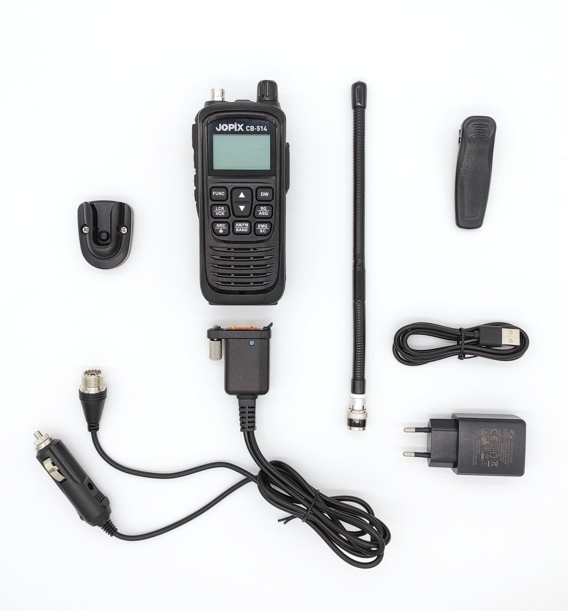 Jopix CB-514 Radio CB Portatile Kit Auto Walkie Talkie AM FM 27MHz | Include adattatore 12V per accendisigari, antenna BNC da 25 cm e ricarica USB-C. Tecnologia di riduzione del rumore NRC.