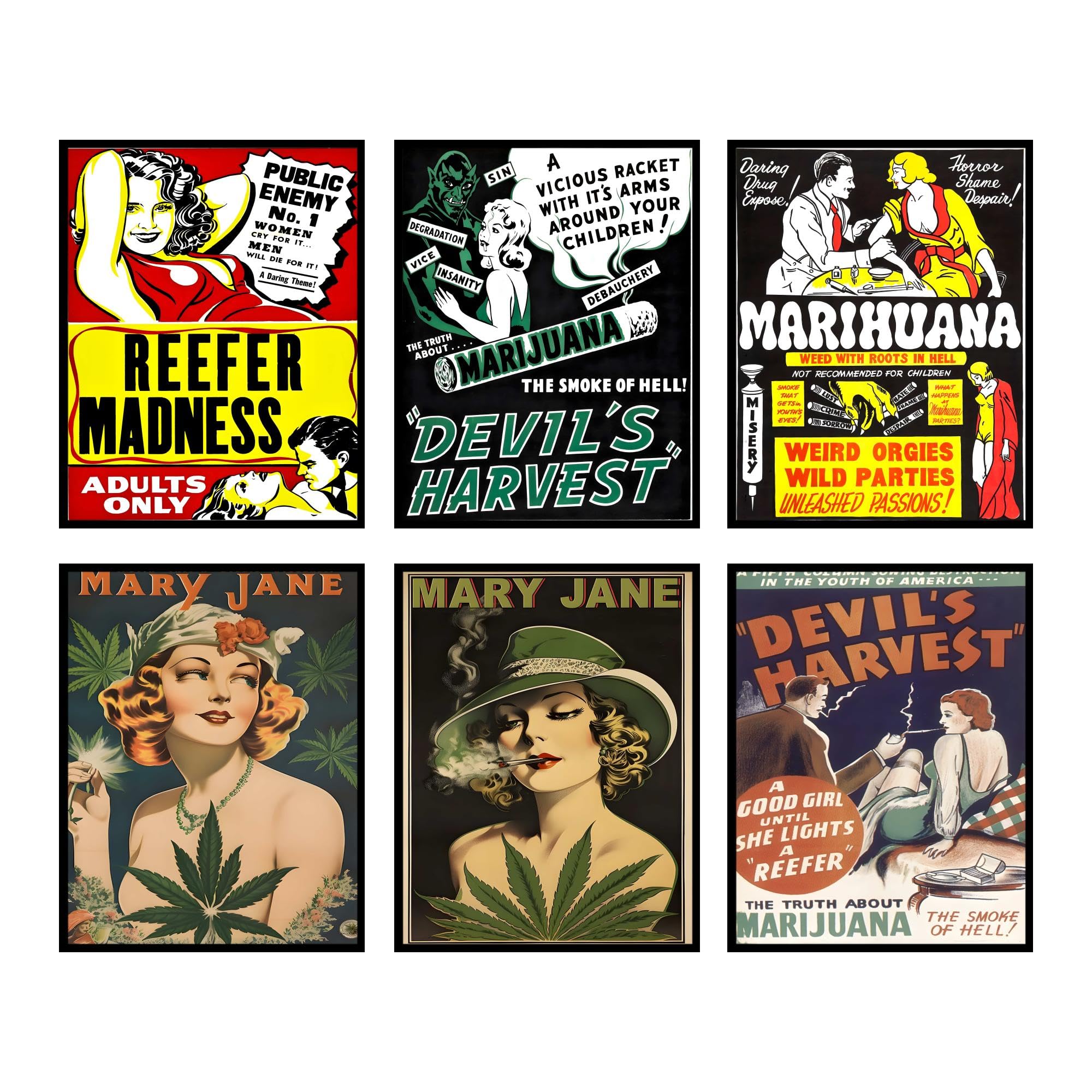 BigWig Prints Marijuana Poster - Reefer Madness Weed Posters, Stoner Room Decor, Cannabis Poster, Weed Room Decor, Stoner Decor, 420 Room Decor, Marijuana Wall Art, Weed Art - Unframed Set of 6