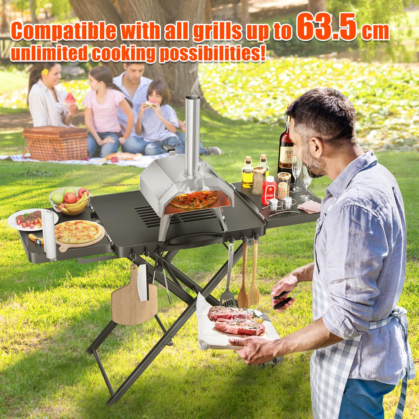 GFTIME Chariot de barbecue portable pour Weber, Ninja, Ooni, Blackstone, Nexgrill, Traeger et autres marques | Chariot de barbecue d'extérieur avec roues, tables