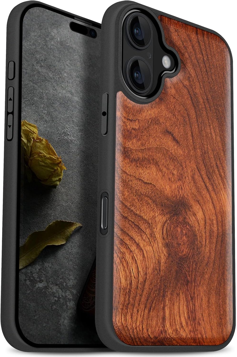 Carveit Magnetic Wooden Case for iPhone 17 Case, Wood Artisan Engraved & Black Soft TPU Shockproof Cover, Compatible with MagSafe Wireless Chargers (Natural Grain) Rosy