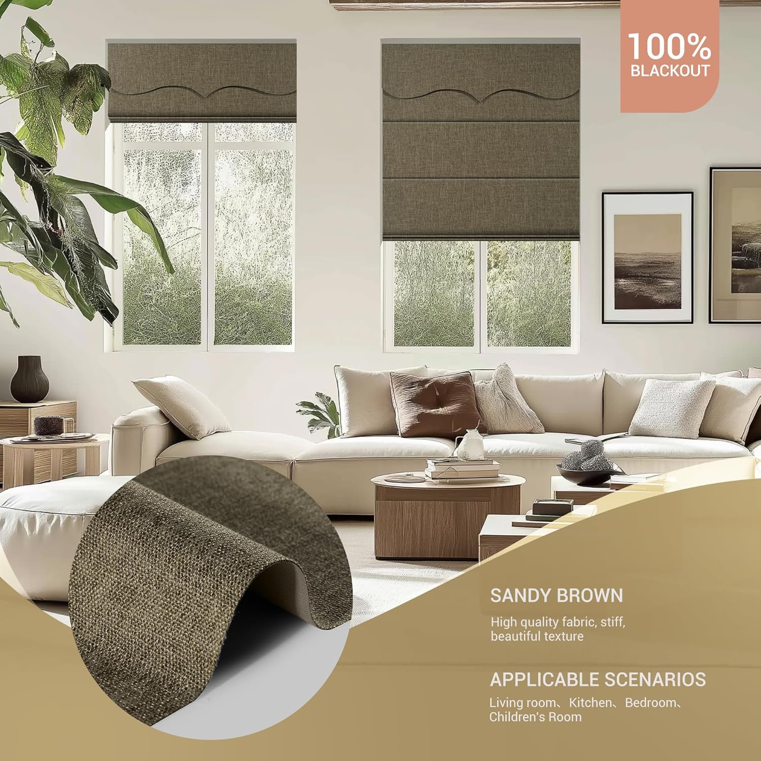 Blackout Cordless Roman Shades for Windows,Linen Roman Shades with Valance,Blackout and Heat Insulation,UV Protection for Indoor Window,Kitchen,Bedroom,TM-Sandy Brown,Custom Size
