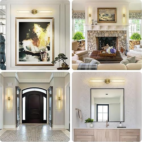 Miniatura 13 de Aplique de pared de baño de 30", apliques de pared de latón con cableado fijo, aplique de pared dorado regulable, apliques lineales moleteados de