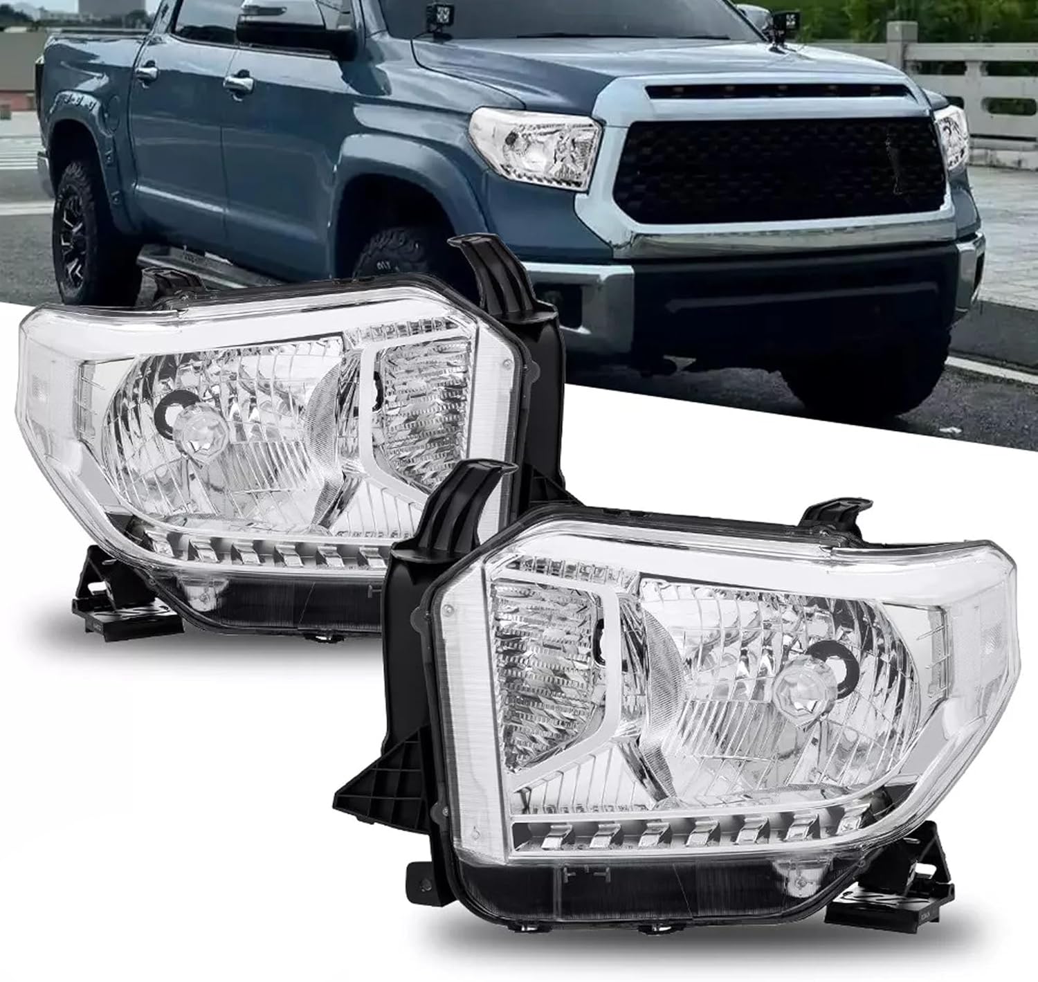 MOSTPLUS Headlight Assembly Compatible for 2014-2021 Toyota Tundra (Excl. Models with Led strips/Adjustable Leveling Dial) Front Lamp Chrome Housing Clear Lens Clear Corner (set of 2)