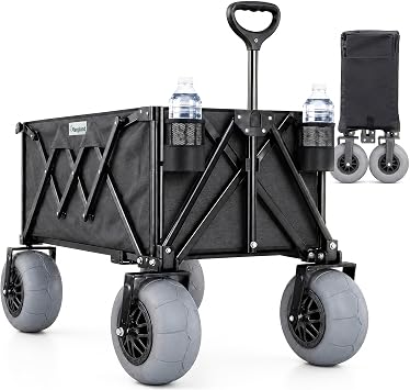 Beach Wagon with Big Wheels for Sand - All Terrain Steel Frame Utility Cart with 9" Pneumatic Tires, Collapsible Folding Design Sand Warrior RX800 Black