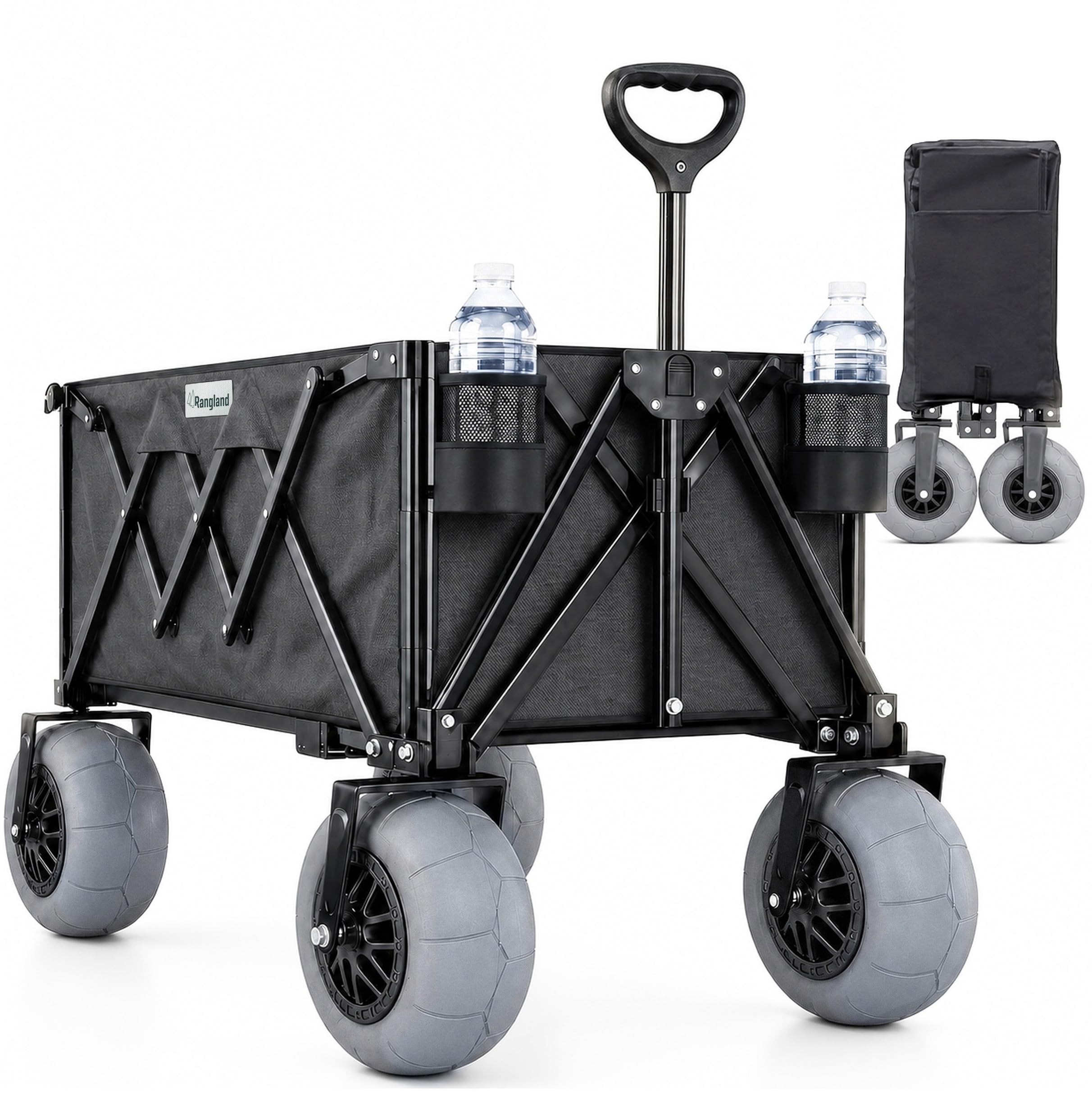 Beach Wagon with Big Wheels for Sand - All Terrain Steel Frame Utility Cart with 9" Pneumatic Tires, Collapsible Folding Design (Sand Warrior RX800 Black)