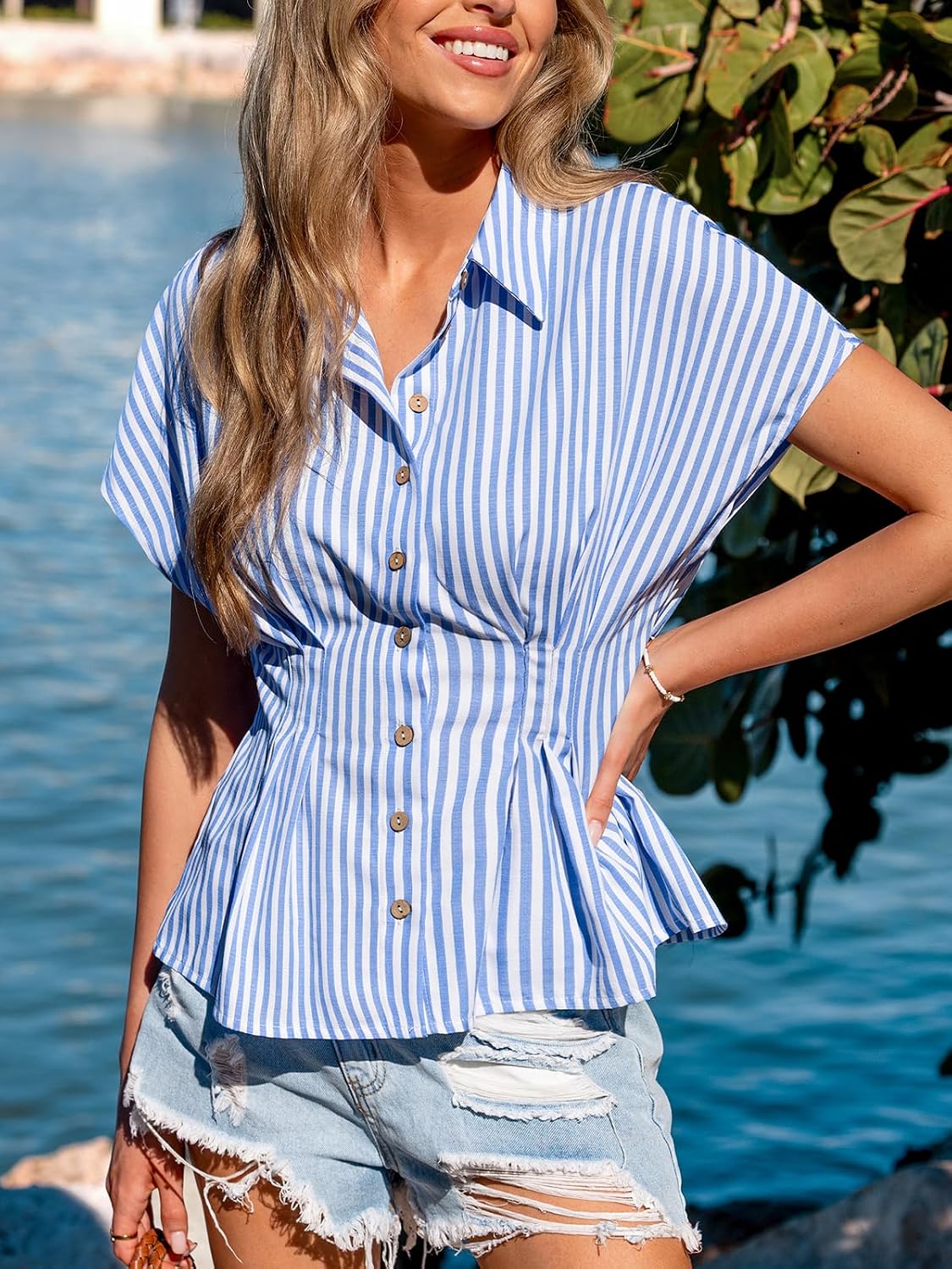 CUPSHE Womens Striped Button Down Collared Shirts Short Sleeve Pleated Peplum Tops Summer Business Casual Blouses 2026