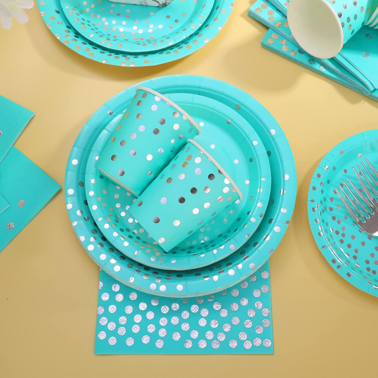 175PCS Teal Party Decorations, Turquoise Paper Plates Serve 25, Teal Plates and Napkins With Silver Plastic Silverware for Birthday, Graduation Party, Wedding, Baby Shower