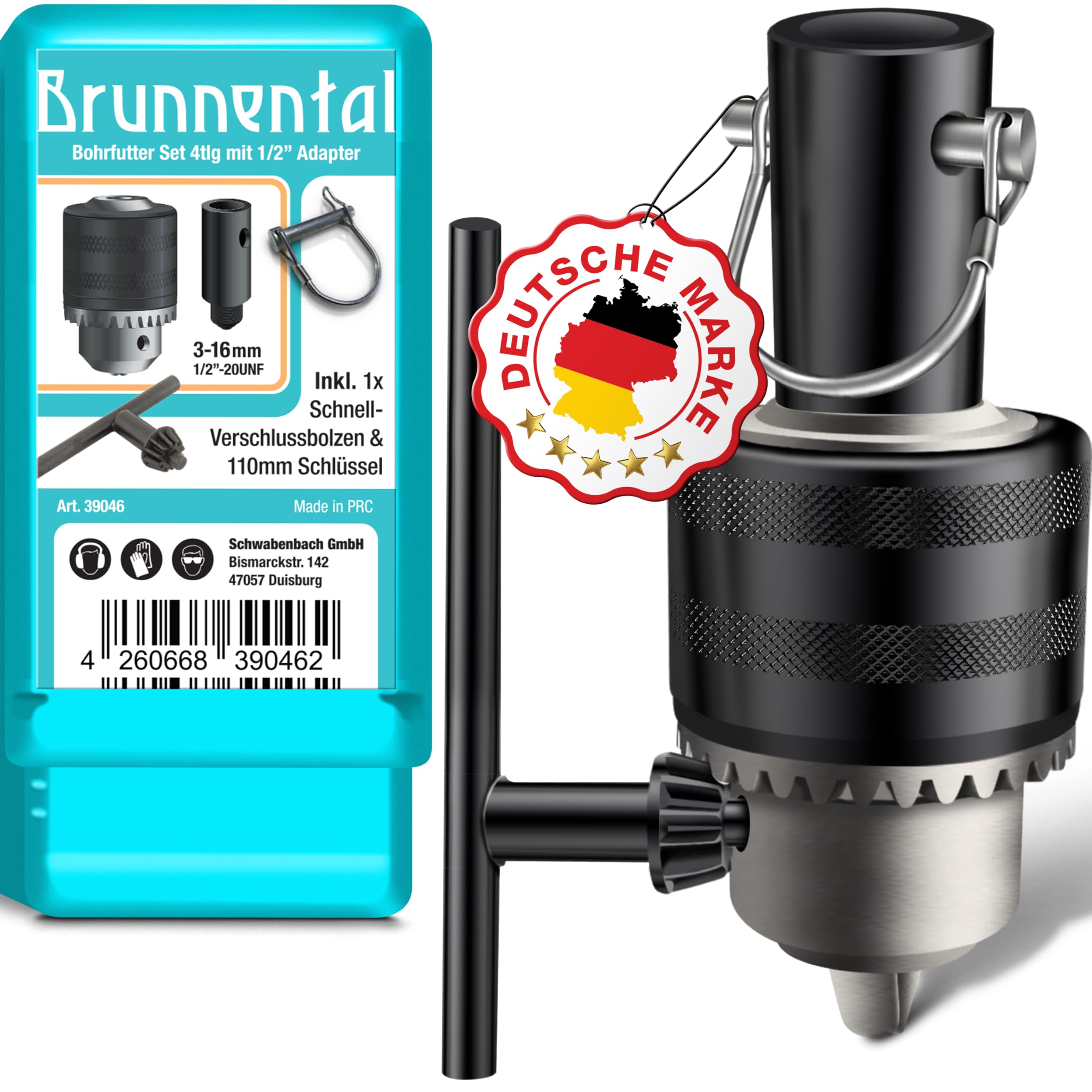 BRUNNENTAL ® Zahnkranzbohrfutter 3.0-16MM 1/2-20UNF - Bohrfutter Set mit Adapter + Flügelbolzen + Bohrfutterschlüssel für Universalbohrer