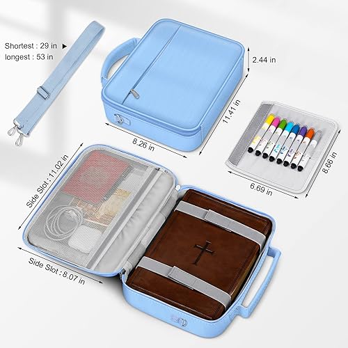 Vista 4 de FINPAC - Funda grande para Biblia con correa para el hombro, estuche para libros, bolso de iglesia, con ranuras para bolígrafos y bolsillo con Azul