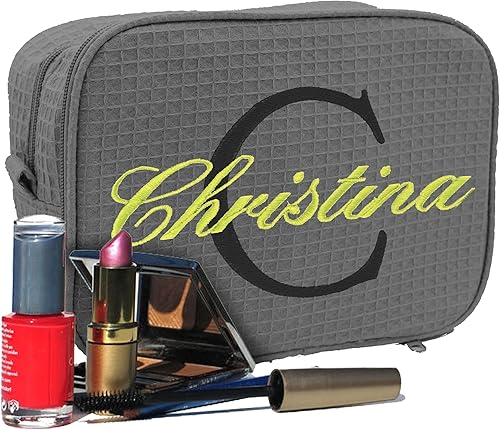 Bolsa de maquillaje personalizada de gofres - Estuche de tren de viaje con monograma de maquillaje cosmético - Bordado personalizado, Gris