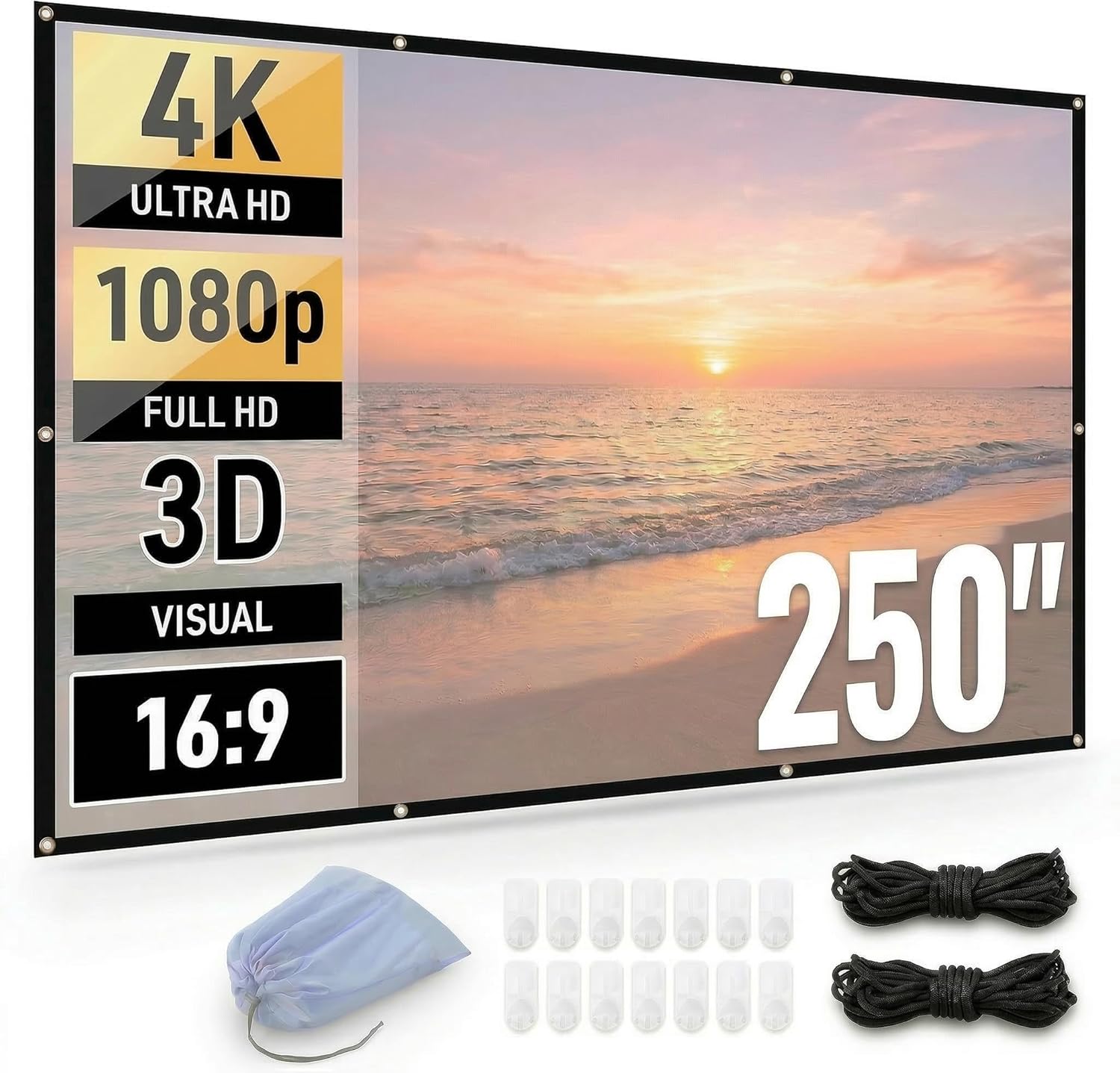 Japard 250 inch Projector Screen Outdoor, 4K Full HD 3D 16:9 Canvas Material Double-Sided Projection, Foldable Portable, Wall Mount Hanging Extra Large for Home Outside Theater, Party
