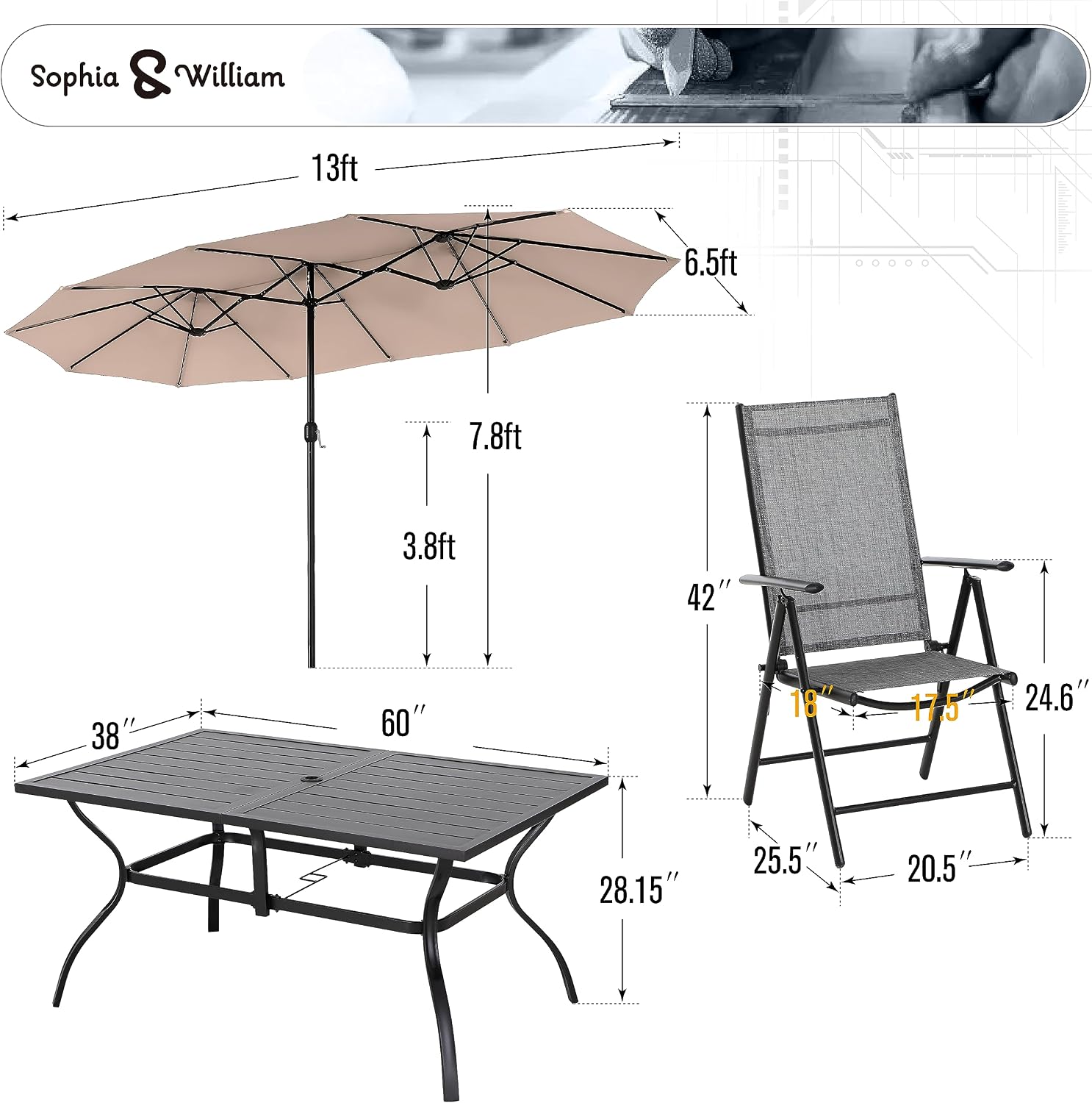 Sophia & William Patio Dining Set for 6 with 13ft Beige Umbrella & Folding Grey Chairs, Outdoor Dining Set with Umbrella for Deck Garden Backyard (No Umbrella Base)