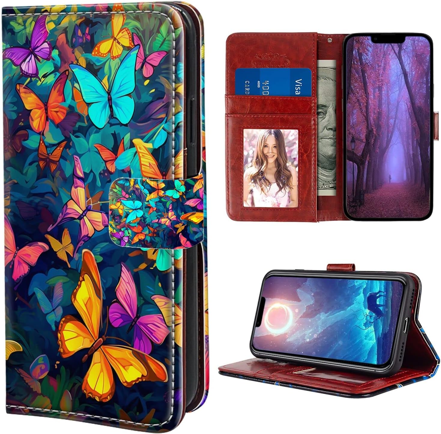 Xioolia Wallet Case for iPhone 14 Pro with Colorful Butterfly Designer-002 Soft TPU Leather Holder Flip Kickstand Shockproof Card Slots Protection Case
