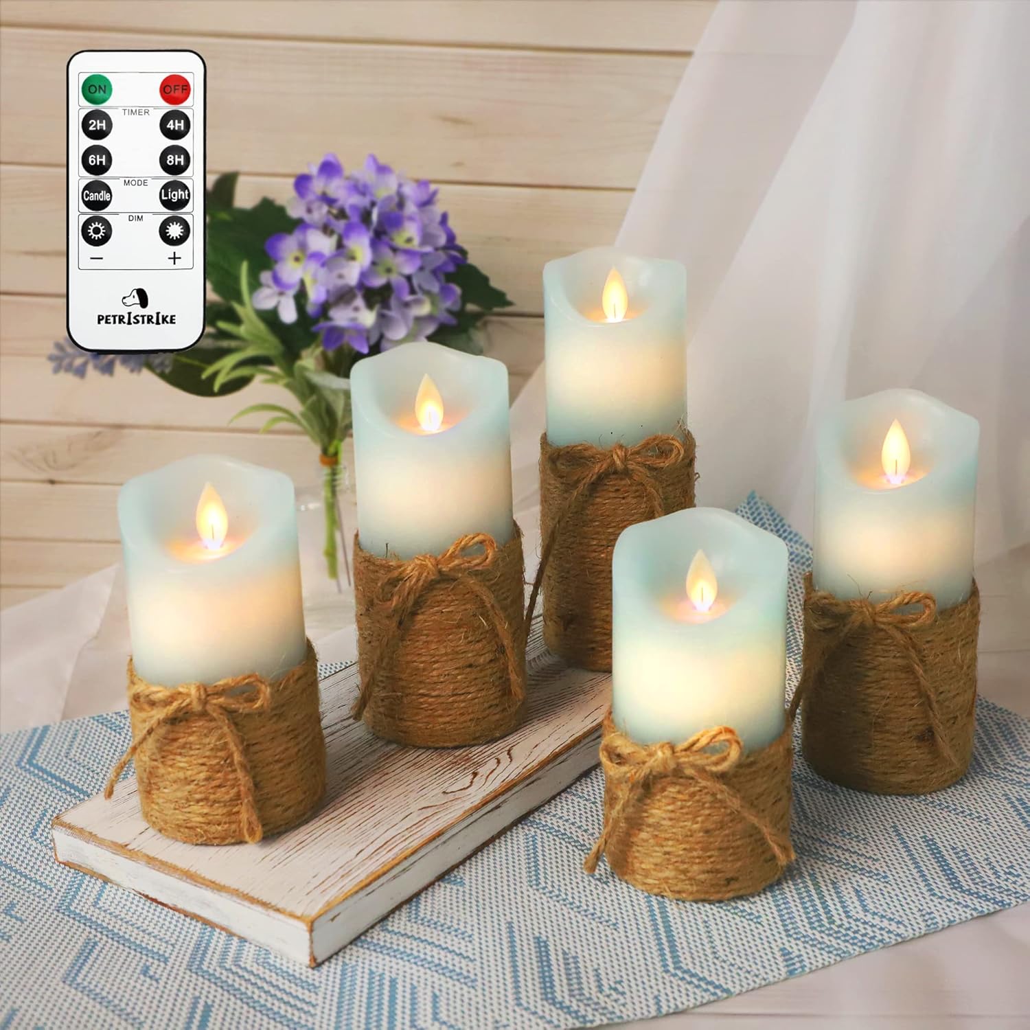 Blue Flickering Flameless Candles with Remote - Glass Battery Operated LED Pillar Candles for Beach/Coastal Theme Wedding Decorations (Set of 3)